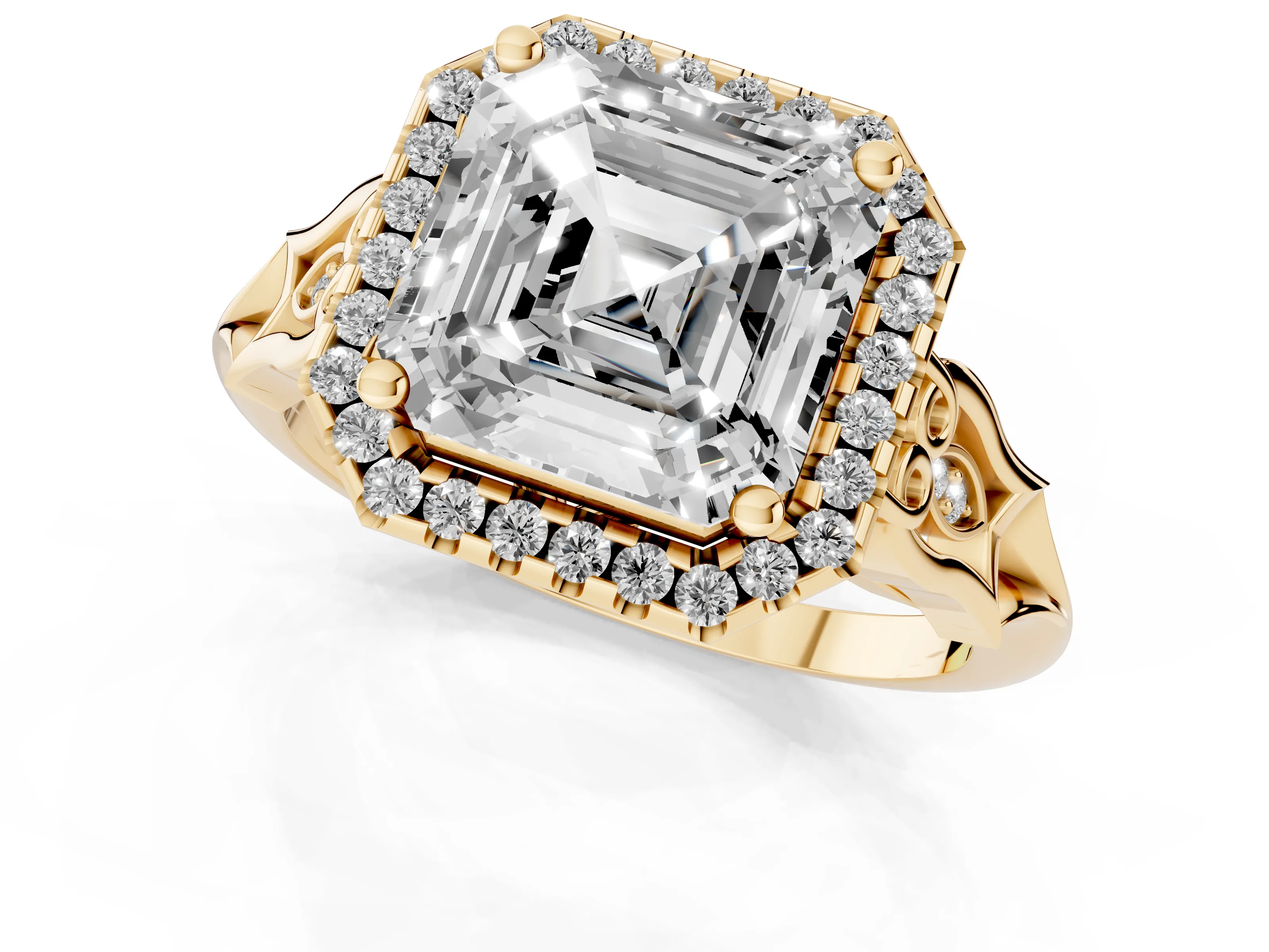 Asscher Cut Diamond Halo Engagement Ring Set in Yellow gold with Filigree Band and Prong-Set Center – second view