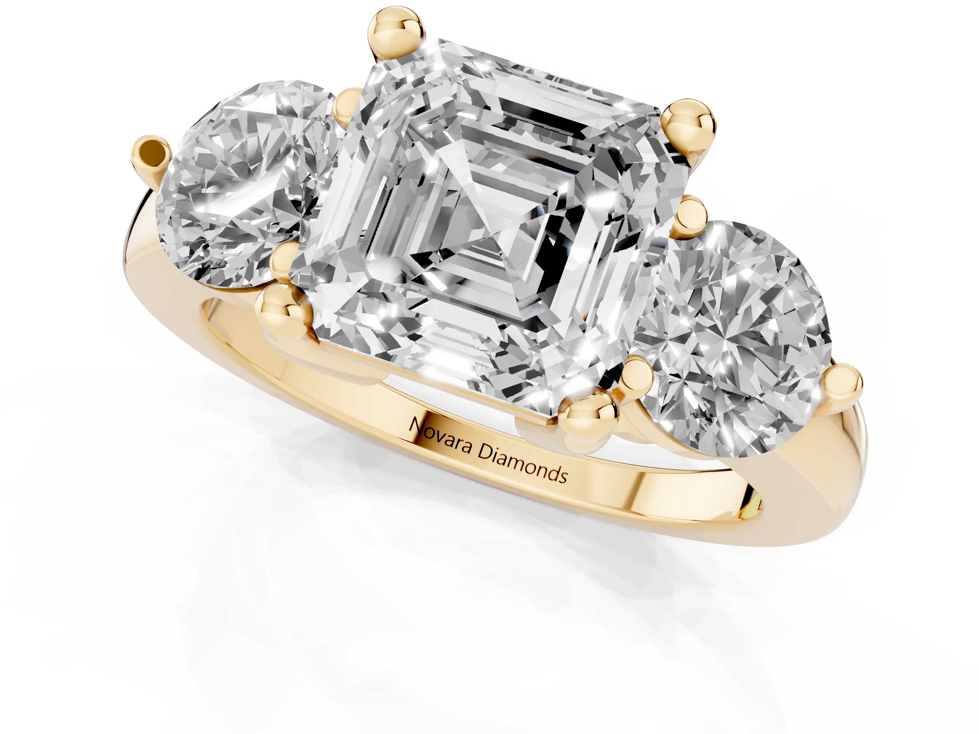 Asscher Cut Diamond Three-Stone Ring Set in Yellow gold with Prong Setting and Classic Band