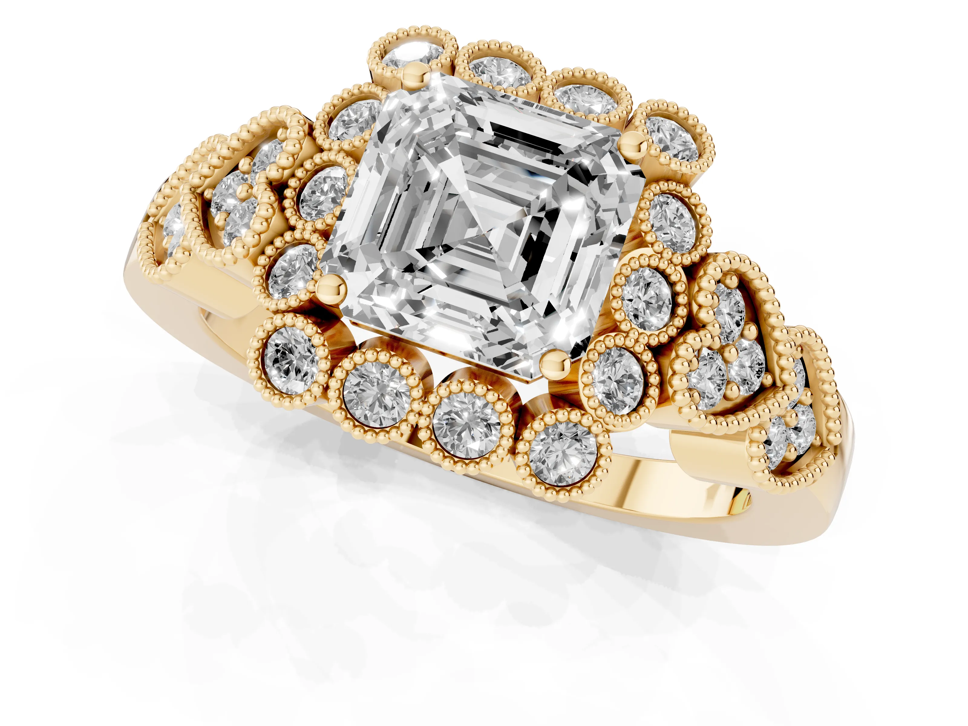 Asscher Cut Diamond Solitaire Ring Set in Yellow gold with Milgrain Pavé Heart Band