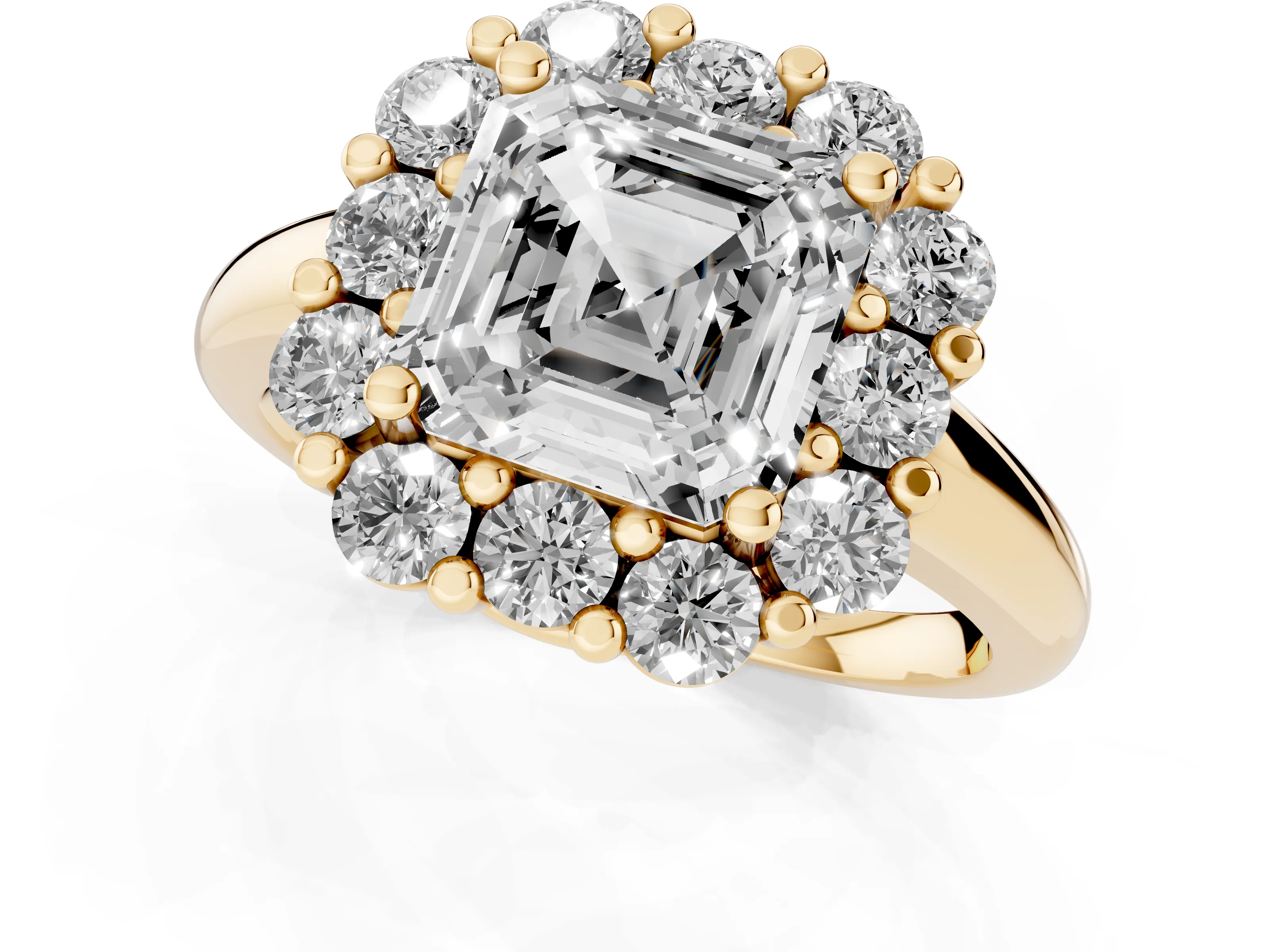 Asscher Cut Diamond Halo Cluster Engagement Ring Set in Yellow gold with Polished Band and Prong Setting