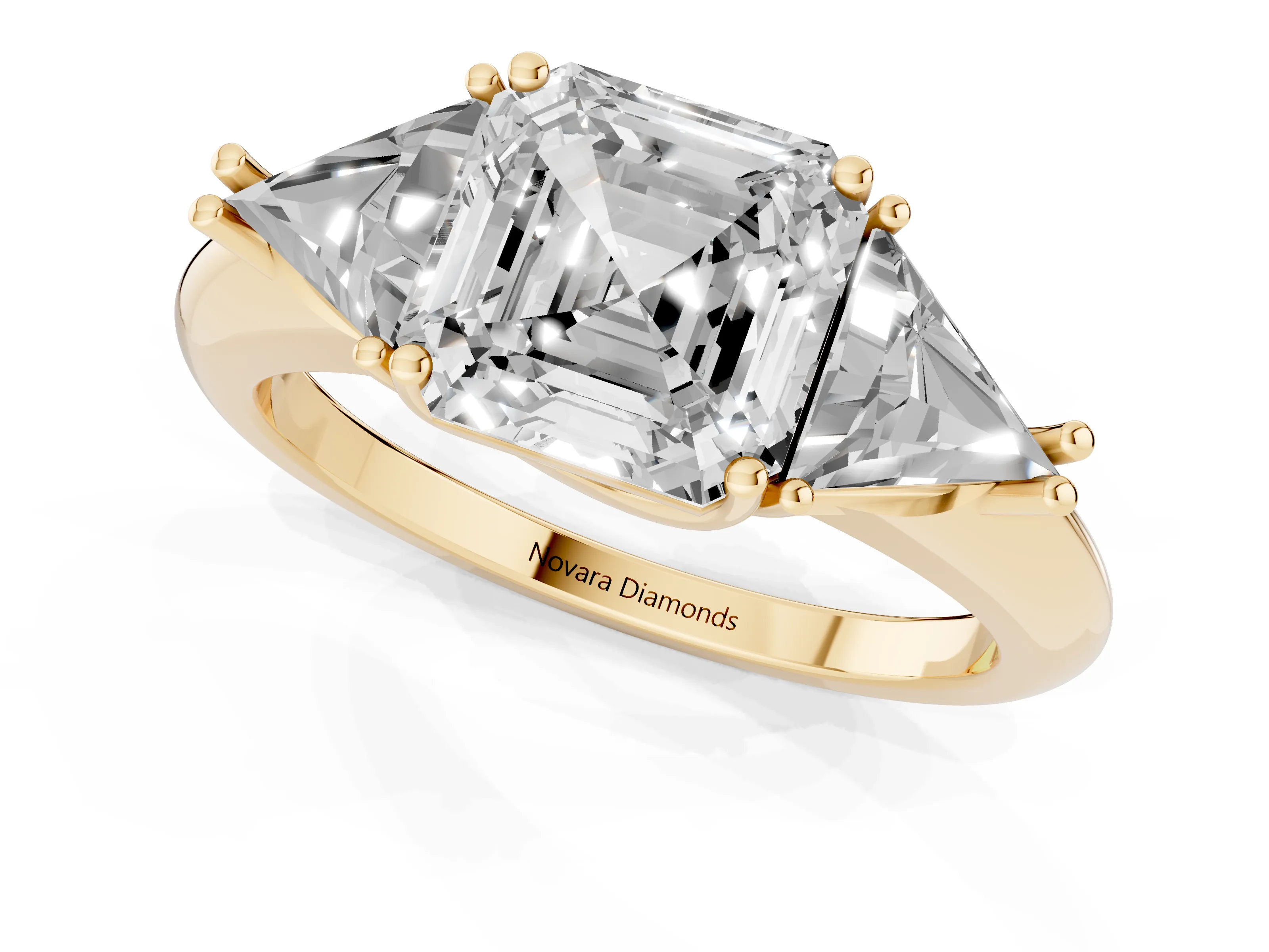 Asscher Cut Diamond Three-Stone Engagement Ring Set in Yellow gold with Trillion Side Stones