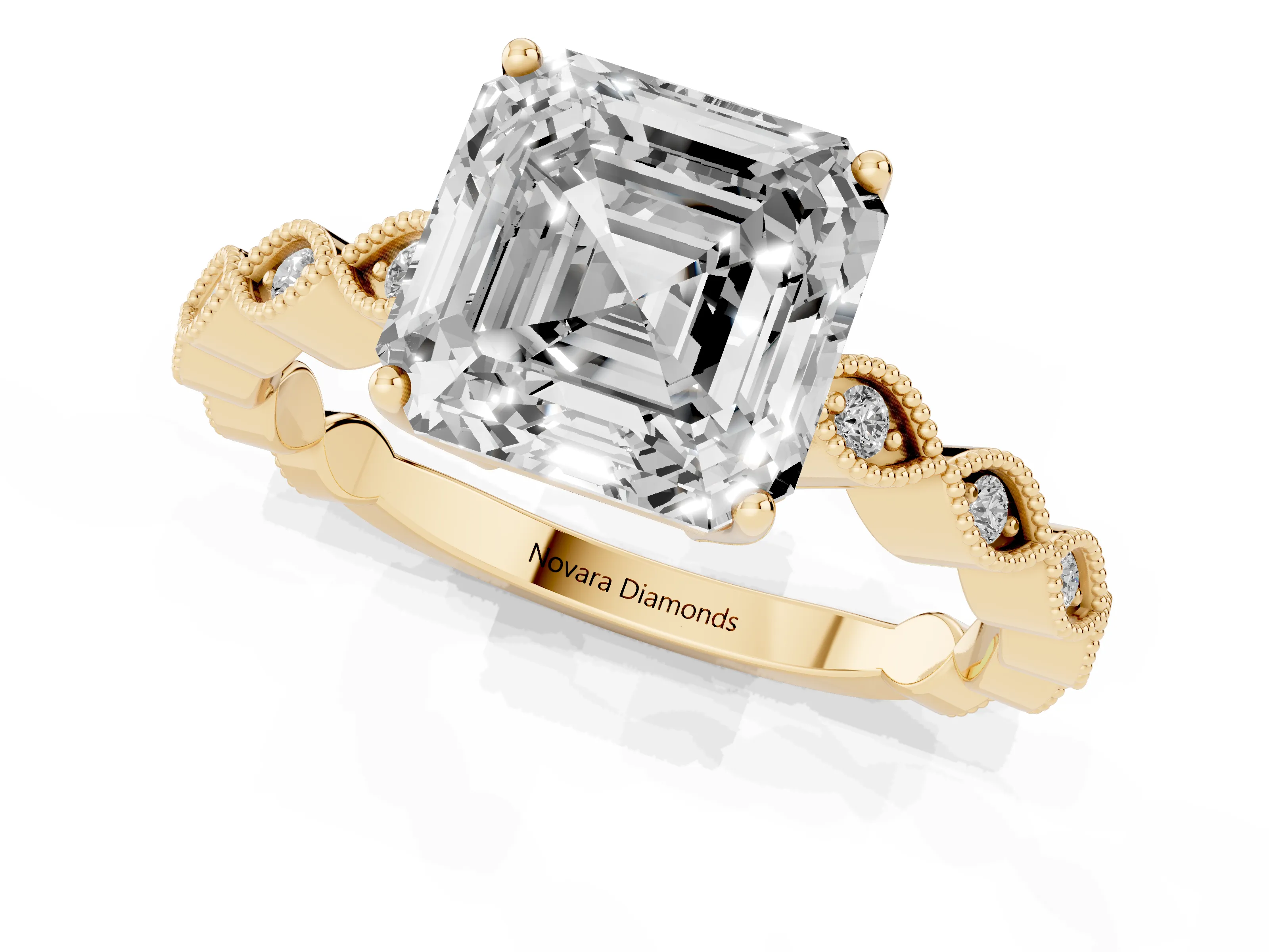 Asscher Cut Diamond Solitaire Ring Set in Yellow gold with Infinity Twist Pavé Band