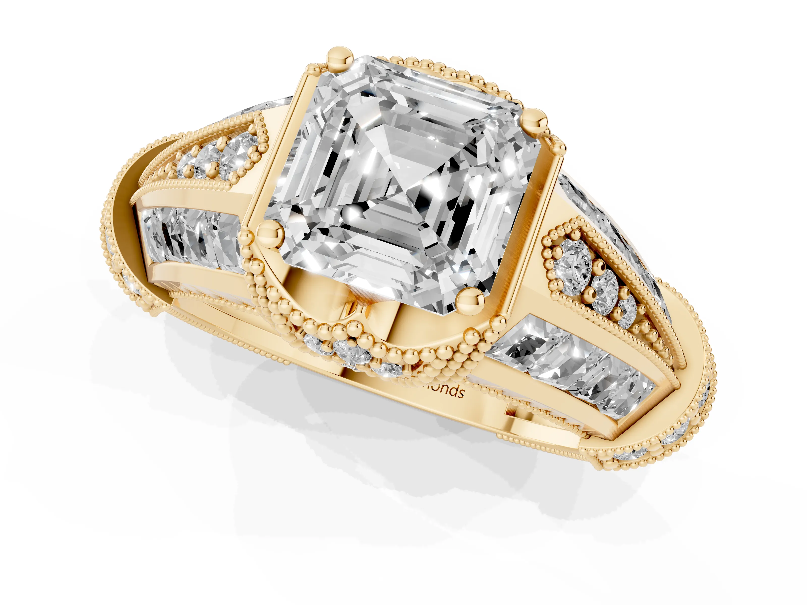 Asscher Cut Diamond Vintage-Inspired Milgrain Ring Set in Yellow gold with Accent Split Shank