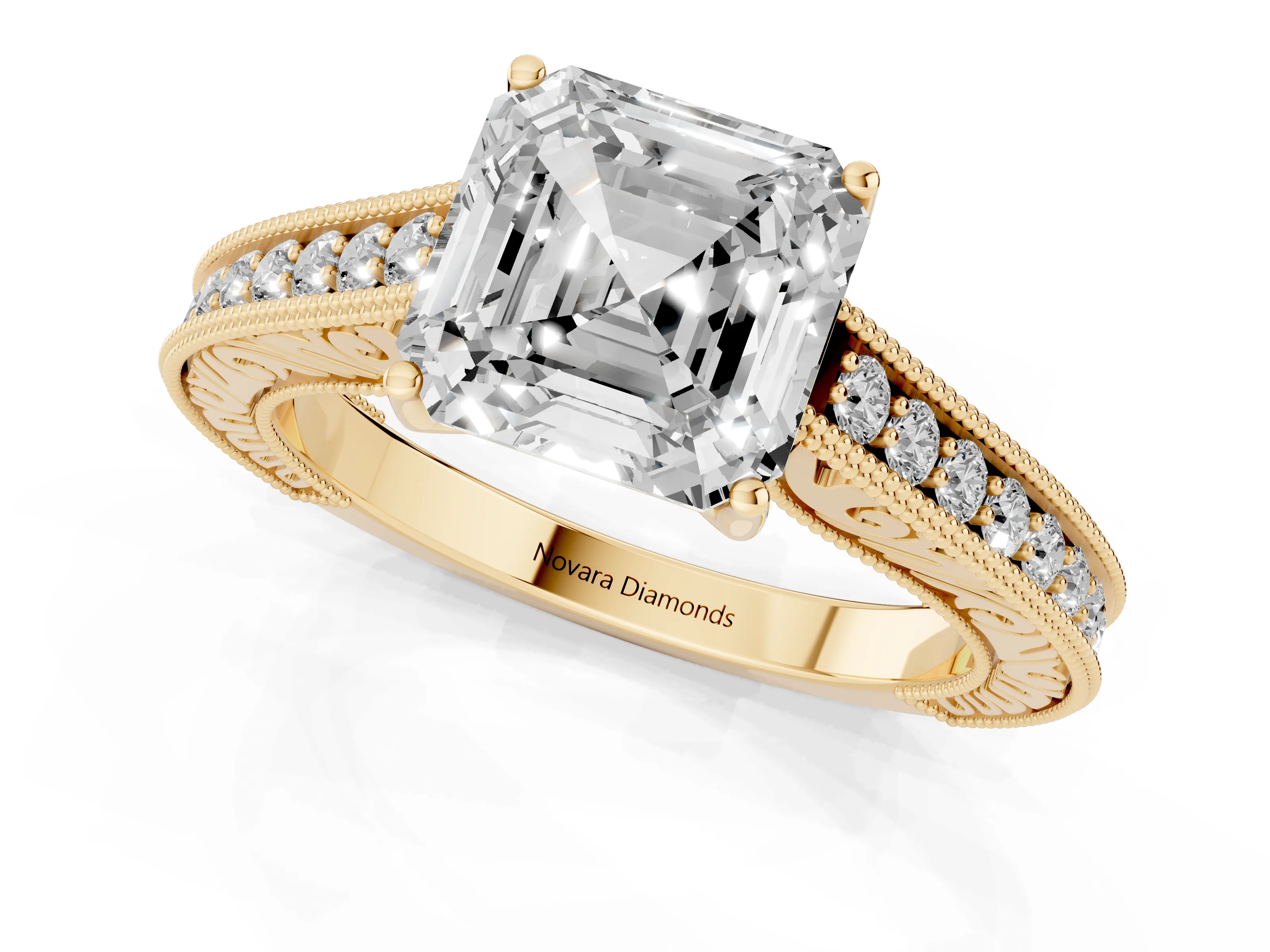Asscher Cut Diamond Milgrain Pavé Band Solitaire Ring Set in Yellow gold with Prong Setting