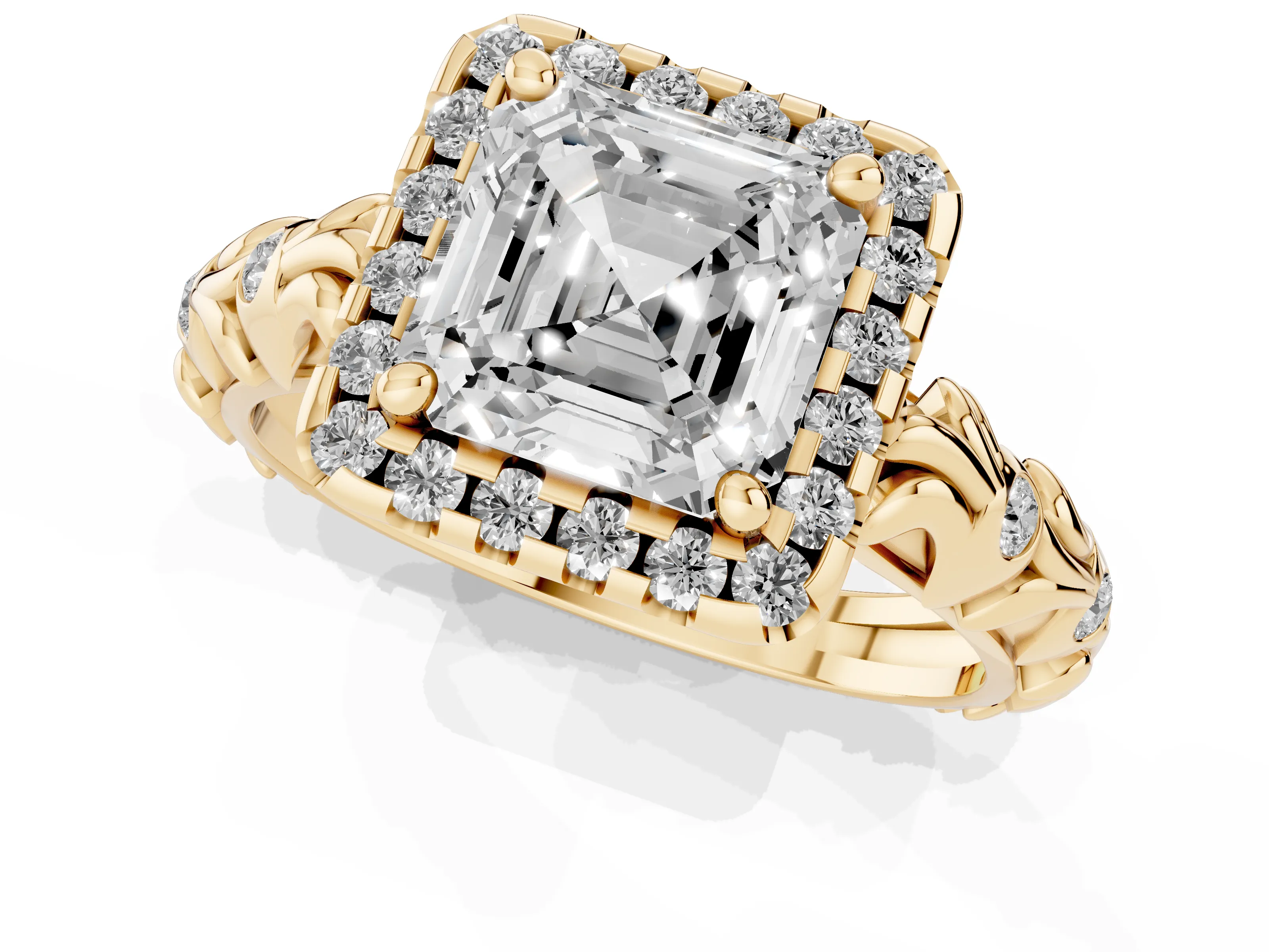 Asscher Cut Diamond Halo Ring Set in Yellow gold with Filigree Leaf Band and Prong Setting