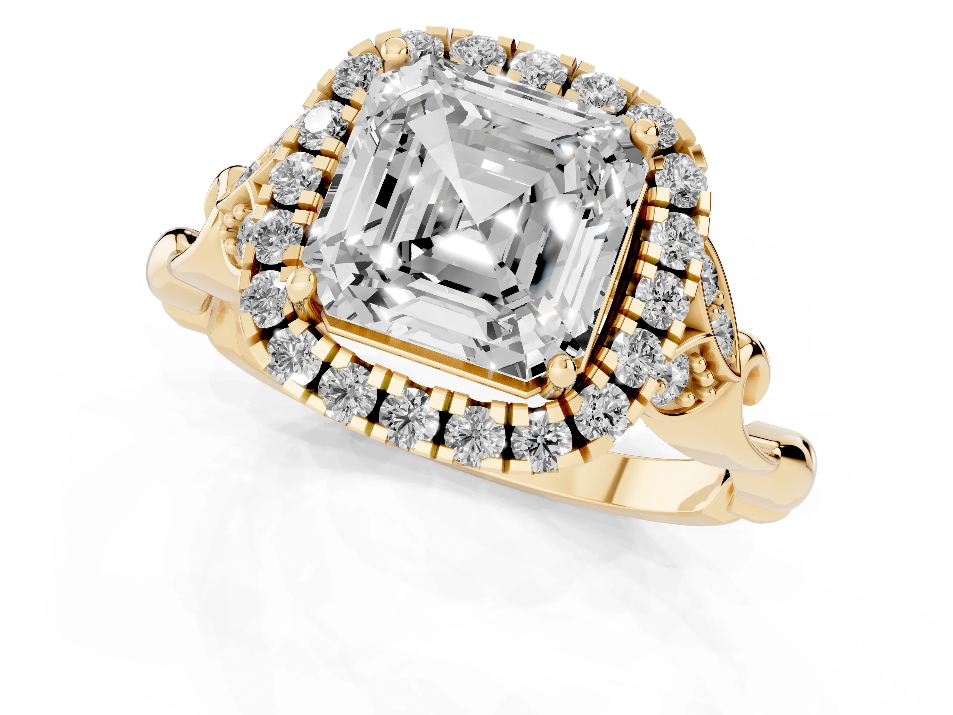 Asscher Cut Diamond Halo Engagement Ring Set in Yellow gold with Vintage-Inspired Band and Prong Setting – second view
