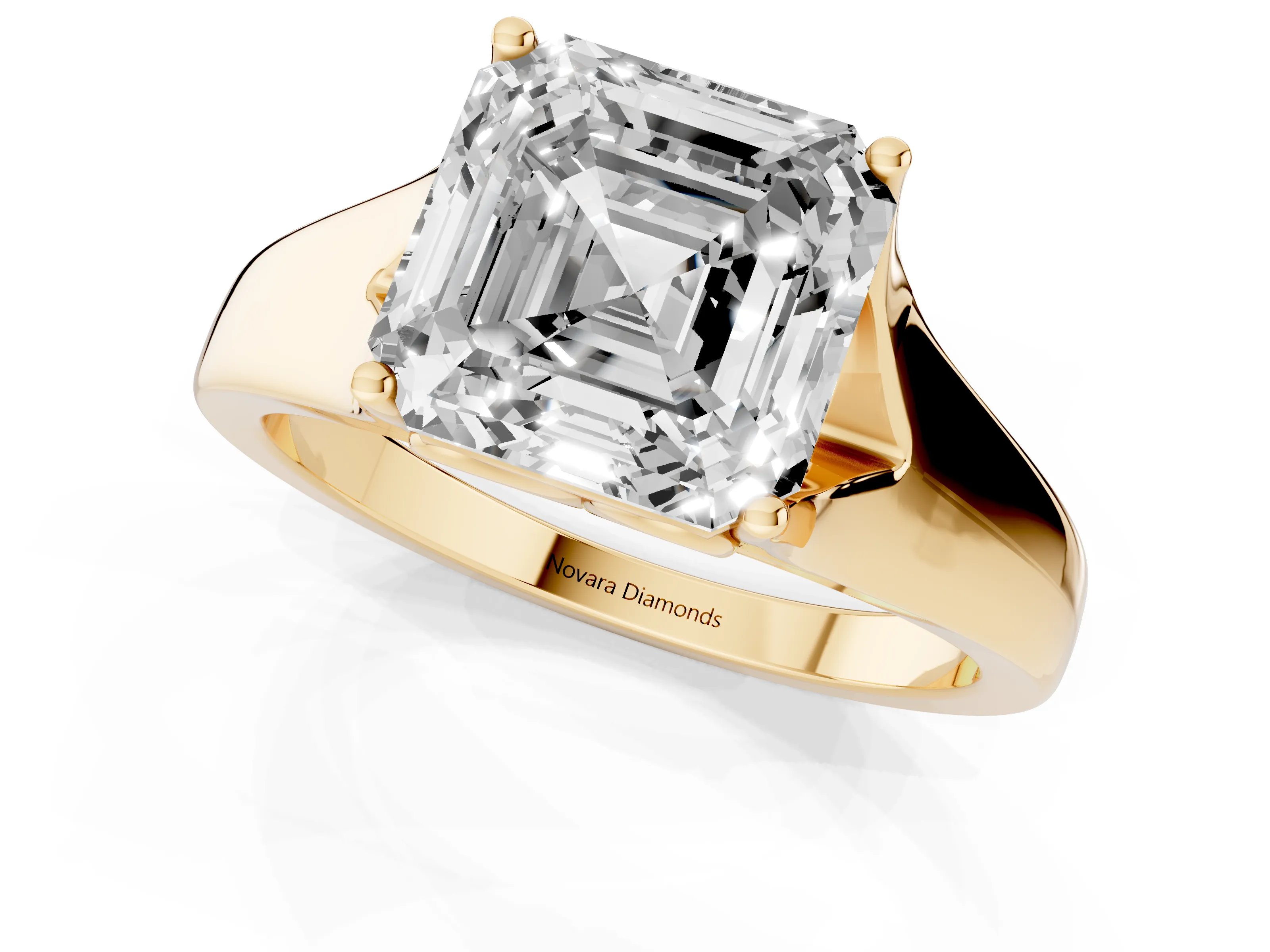 Asscher Cut Diamond Solitaire Ring Set in Yellow gold with Arched Cathedral Band and Prong Setting