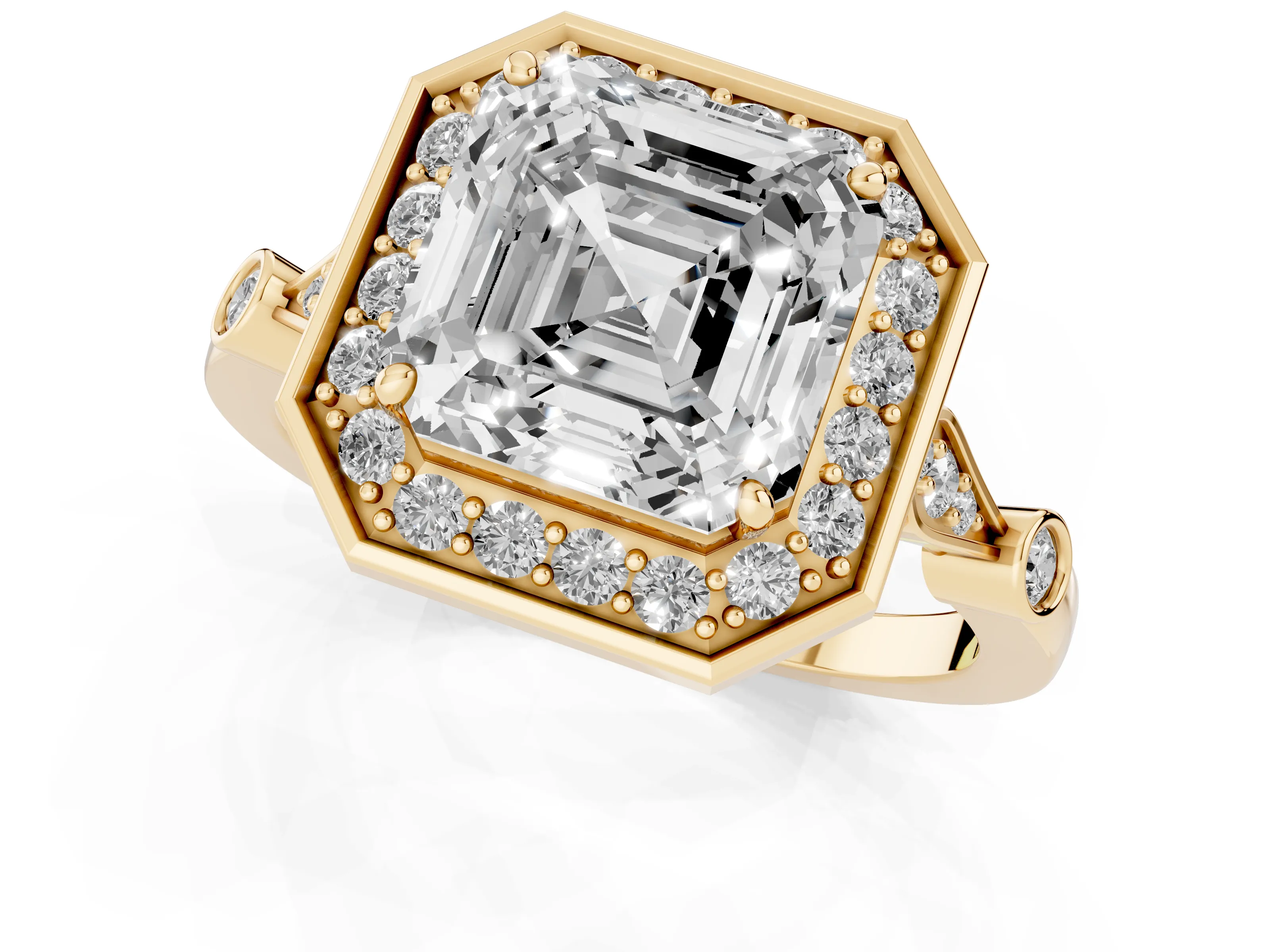 Asscher Cut Diamond Halo Engagement Ring Set in Yellow gold with Twisted Band and Prong Setting