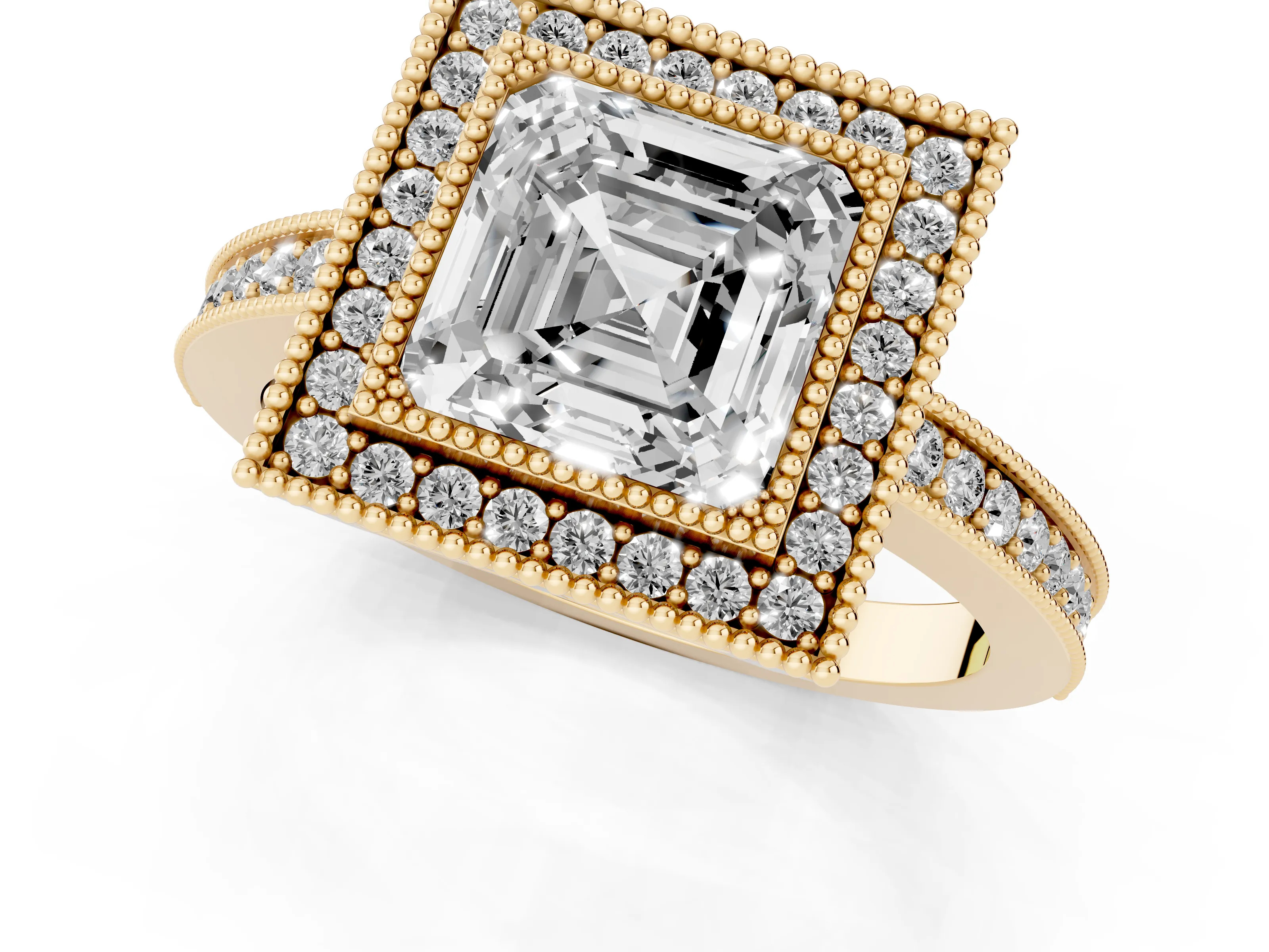 Asscher Cut Diamond Round Halo Ring Set in Yellow gold with Pavé Band