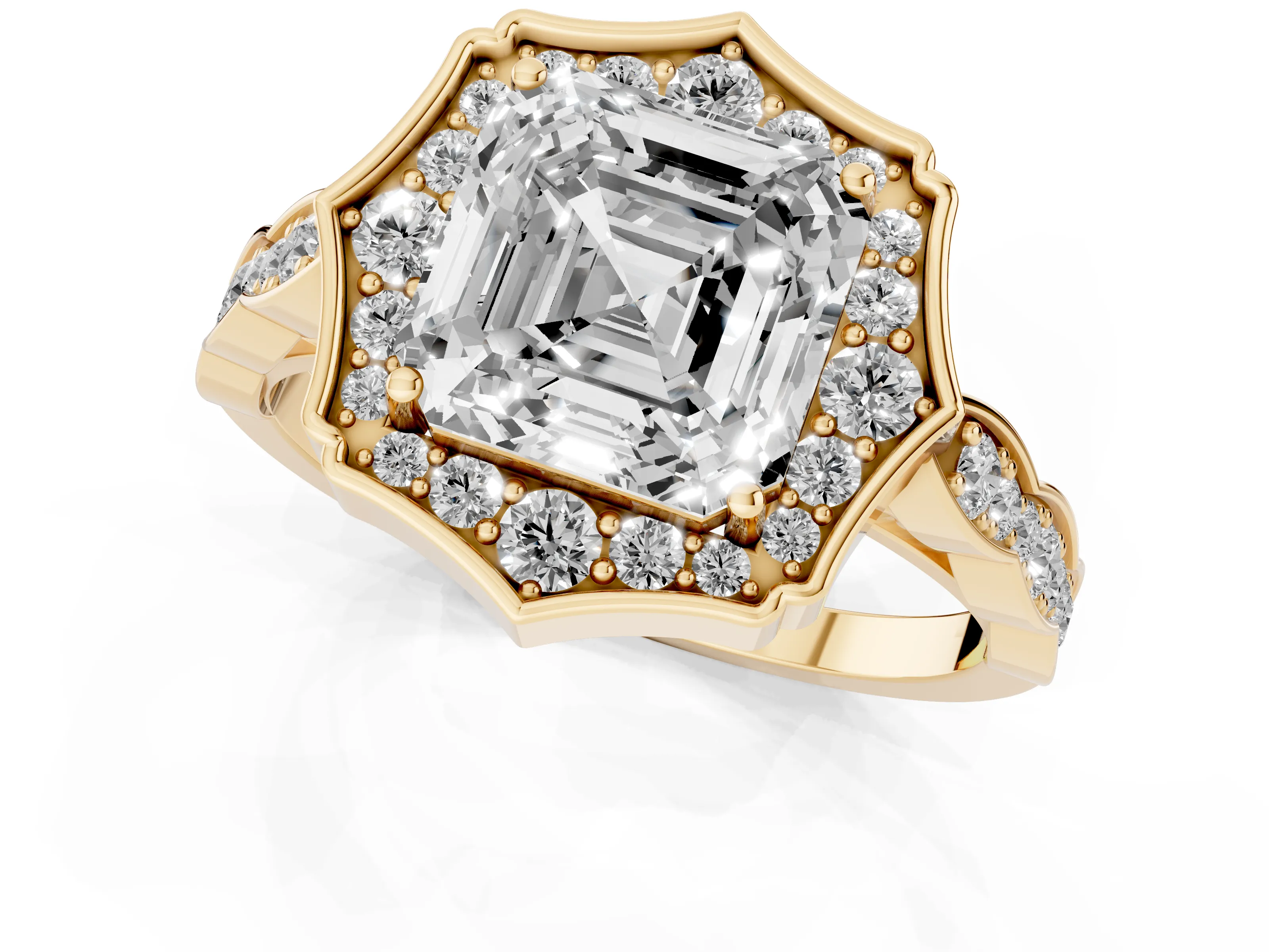 Asscher Cut Diamond Halo Engagement Ring Set in Yellow gold with Milgrain Band and Prong Setting