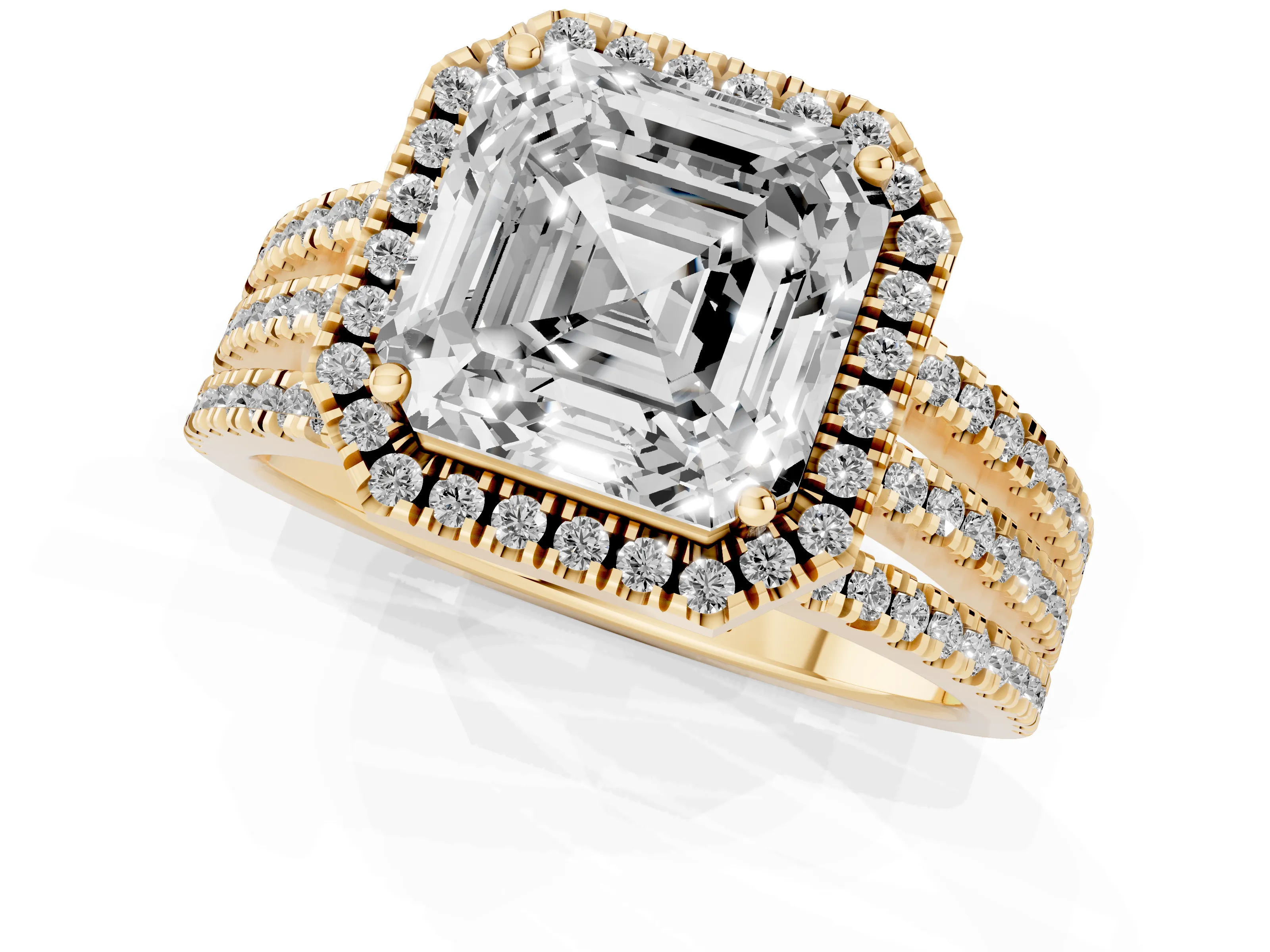 Asscher Cut Diamond Halo Split Shank Engagement Ring Set in Yellow gold with Prong Setting