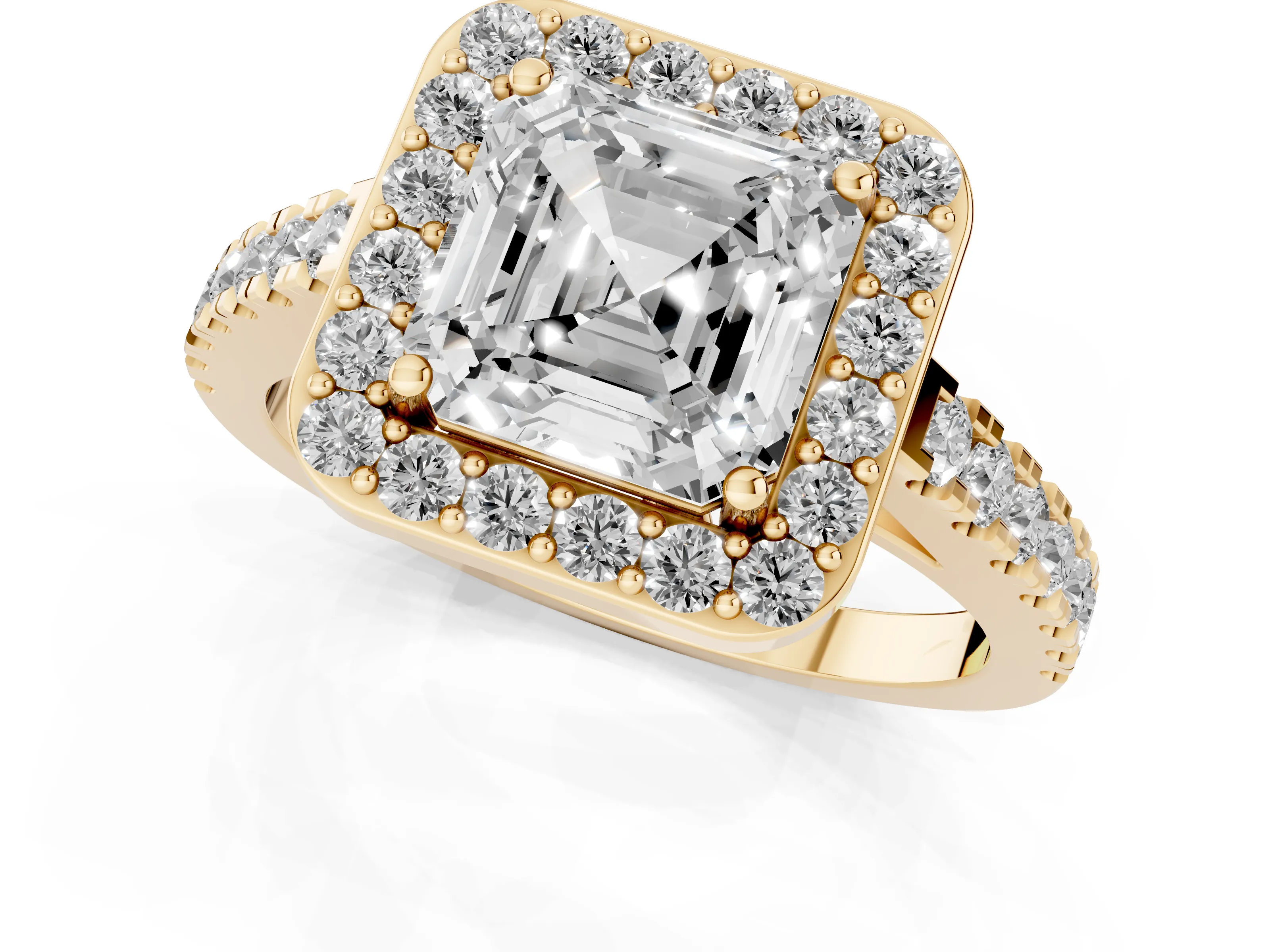 Asscher Cut Diamond Halo Ring Set in Yellow gold with Round Pavé Split Shank and Prong Setting