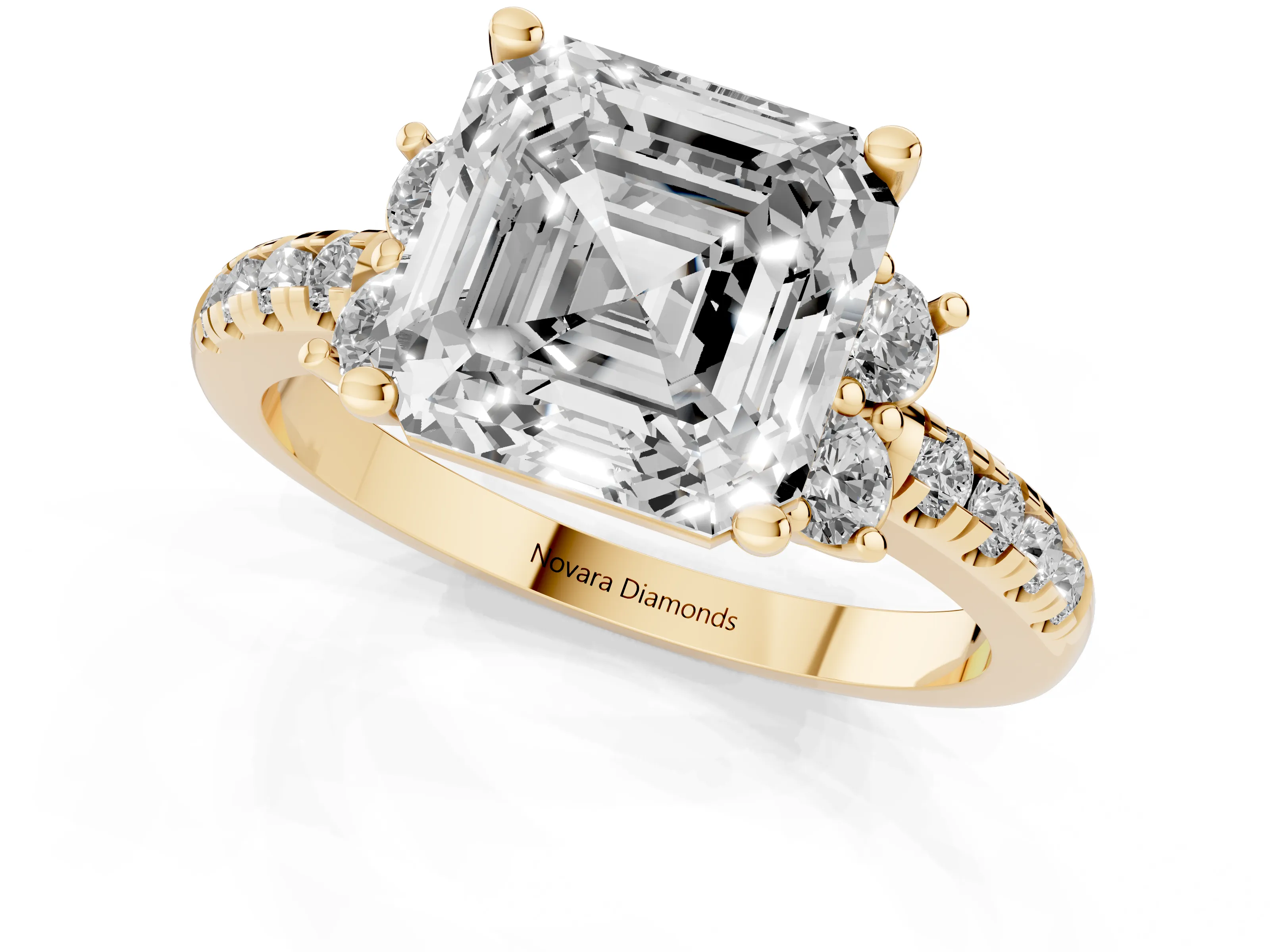 Asscher Cut Diamond Three-Stone Pavé Ring Set in Yellow gold with Prong Setting