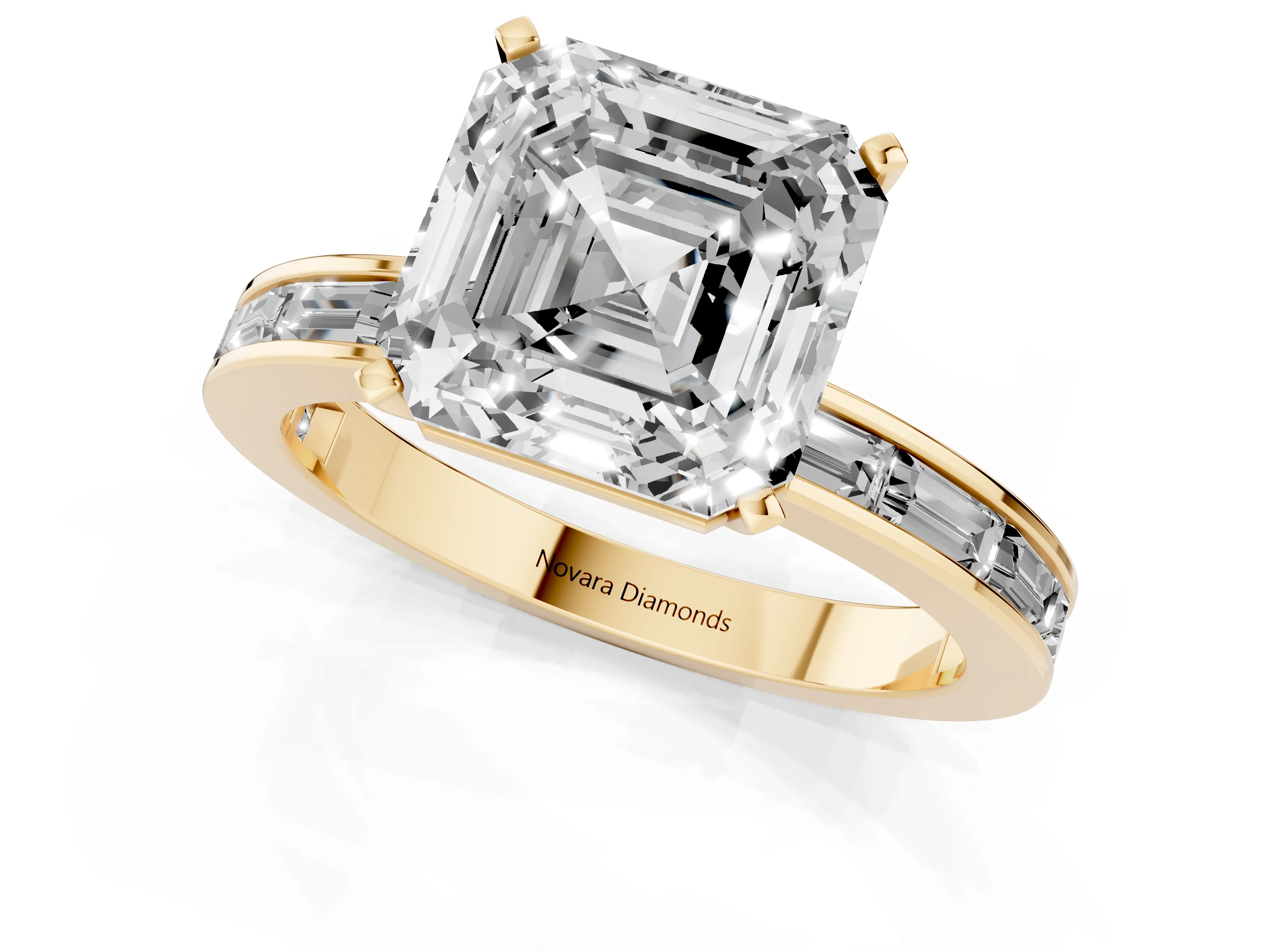 Asscher Cut Diamond Solitaire Ring Set in Yellow gold with Channel-Set Baguette Band and Prong Setting