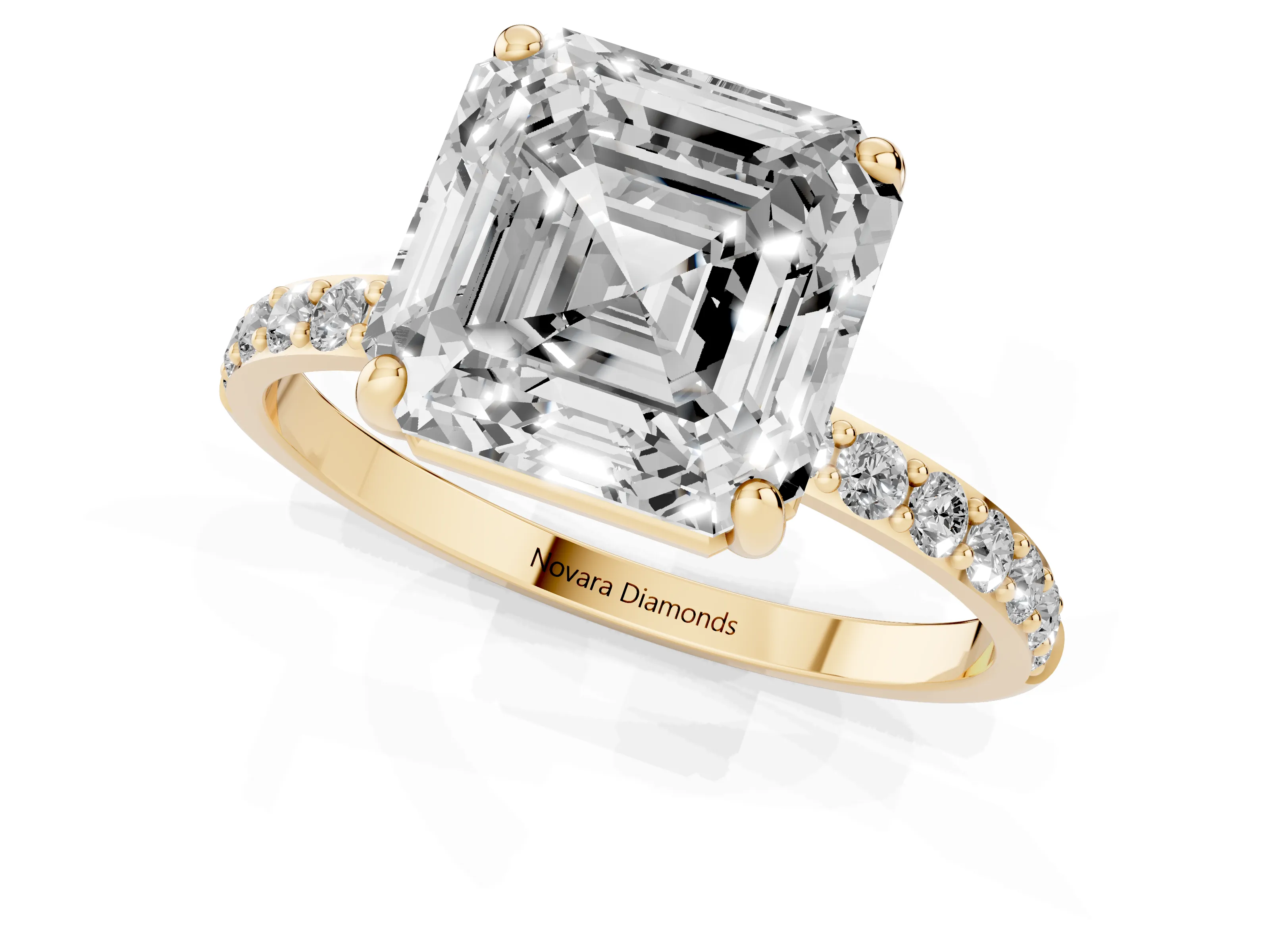 Asscher Cut Diamond Solitaire Ring Set in Yellow gold with Round Pavé Band and Prong Setting