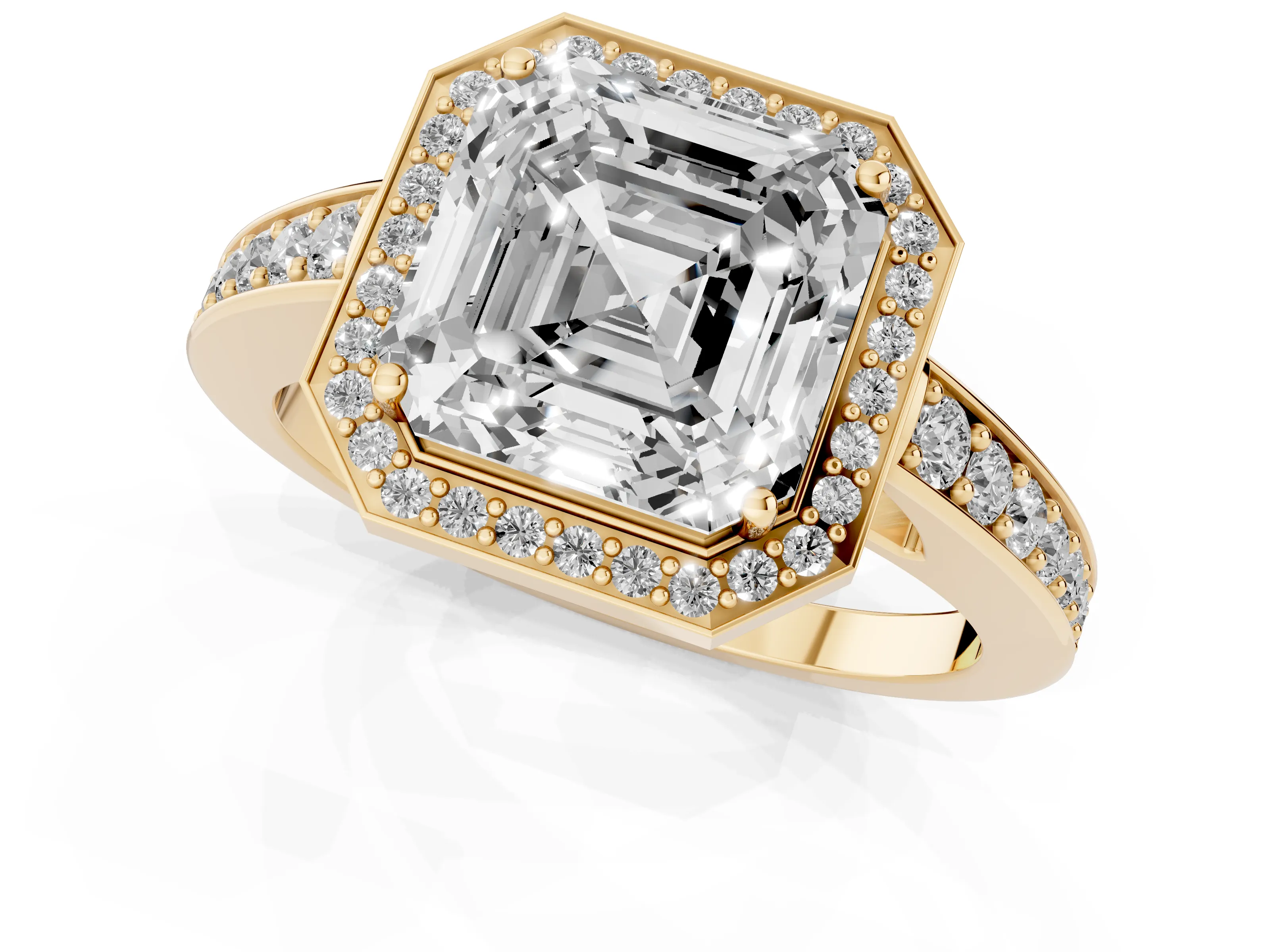 Asscher Cut Diamond Halo Pavé Engagement Ring Set in Yellow gold with Bezel Setting