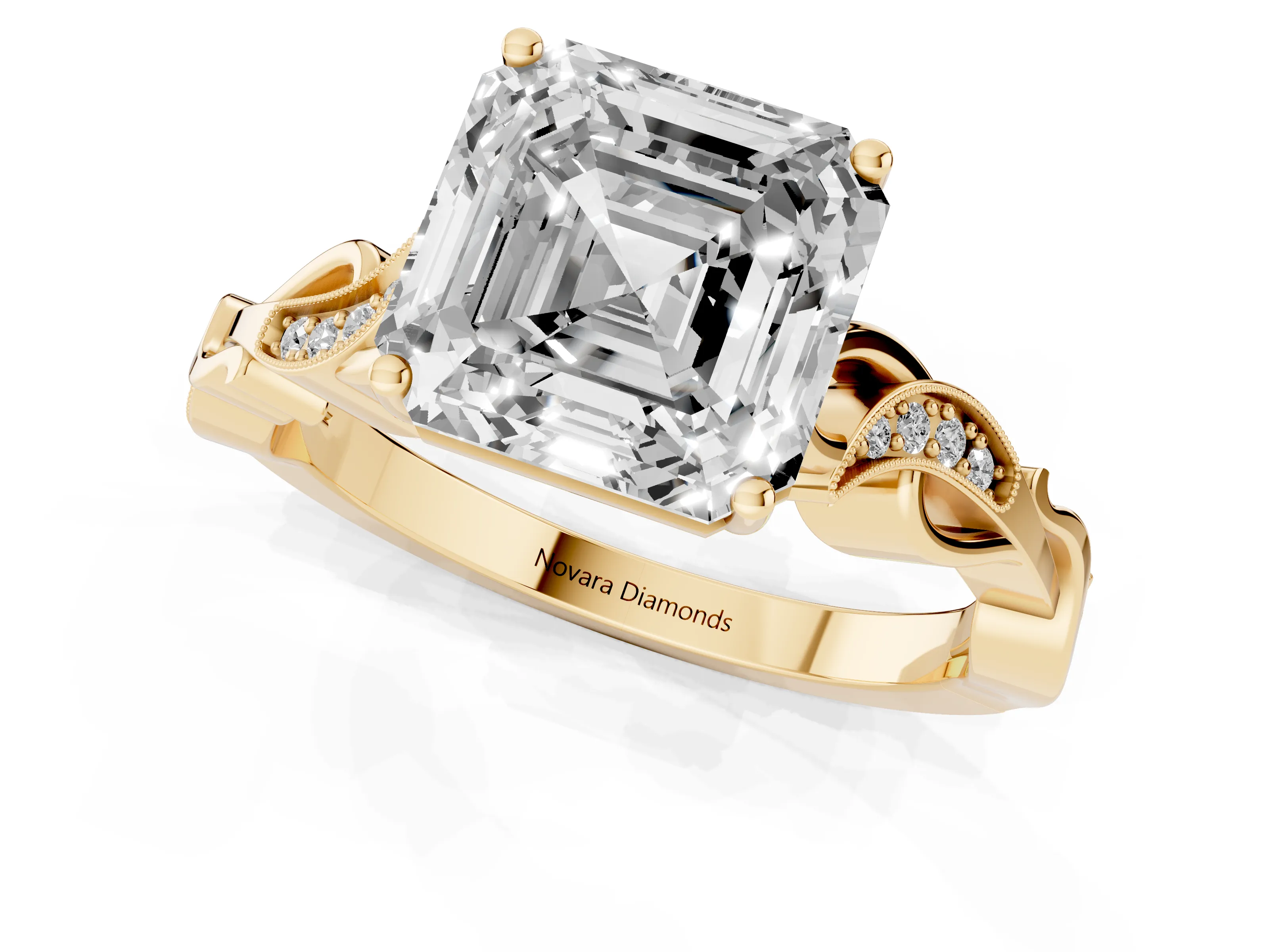 Asscher Cut Diamond Vine Band Solitaire Ring Set in Yellow gold with Milgrain Prong Setting