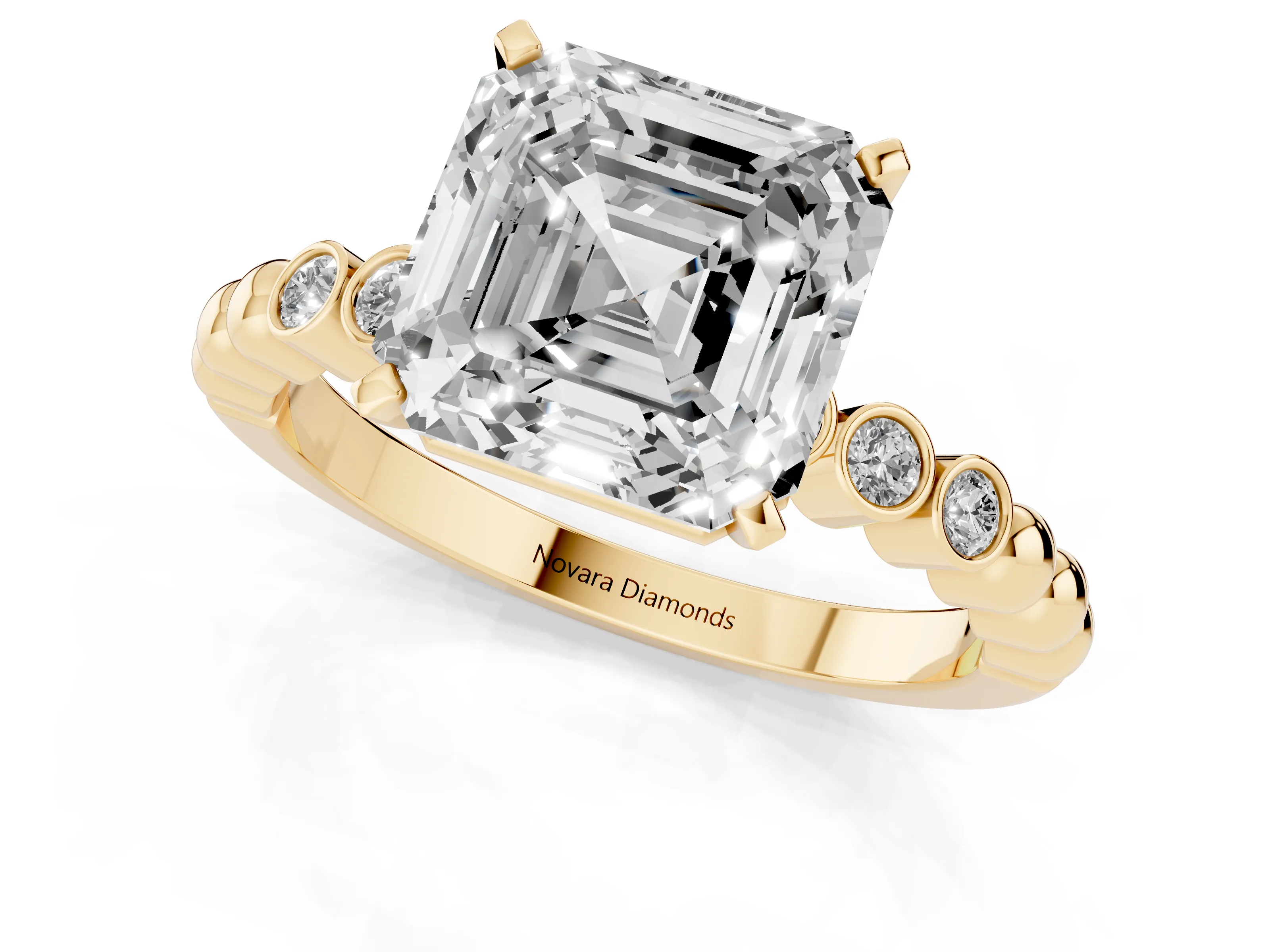 Asscher Cut Diamond Solitaire Engagement Ring Set in Yellow gold with Bezel Accents on Beaded Band