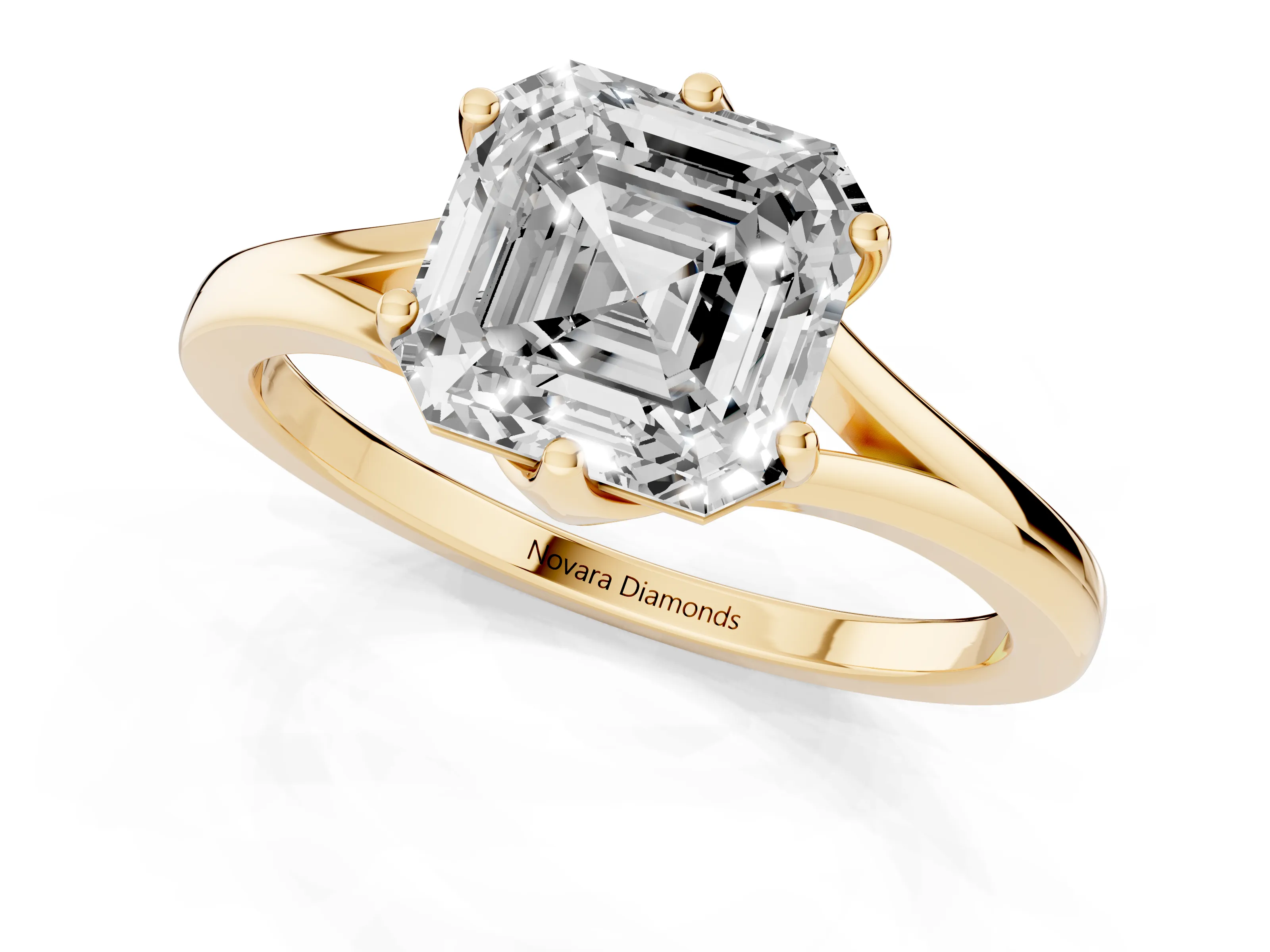 Asscher Cut Diamond Solitaire Ring Set in Yellow gold with Polished Tapered Band and Prong Setting