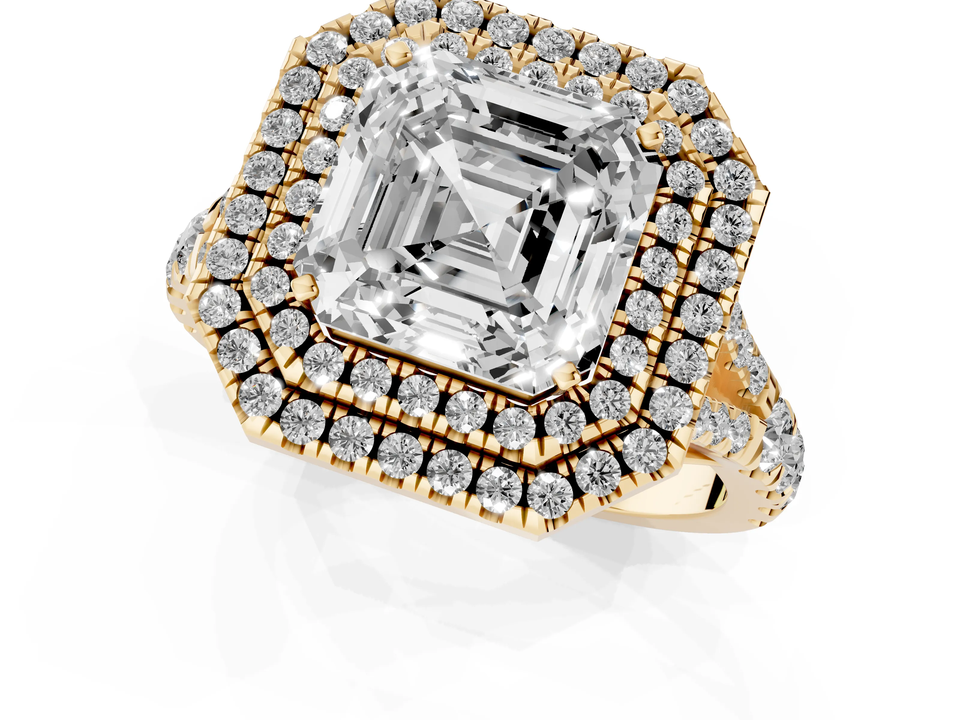 Asscher Cut Diamond Pavé Split Shank Double Halo Engagement Ring Set in Yellow gold