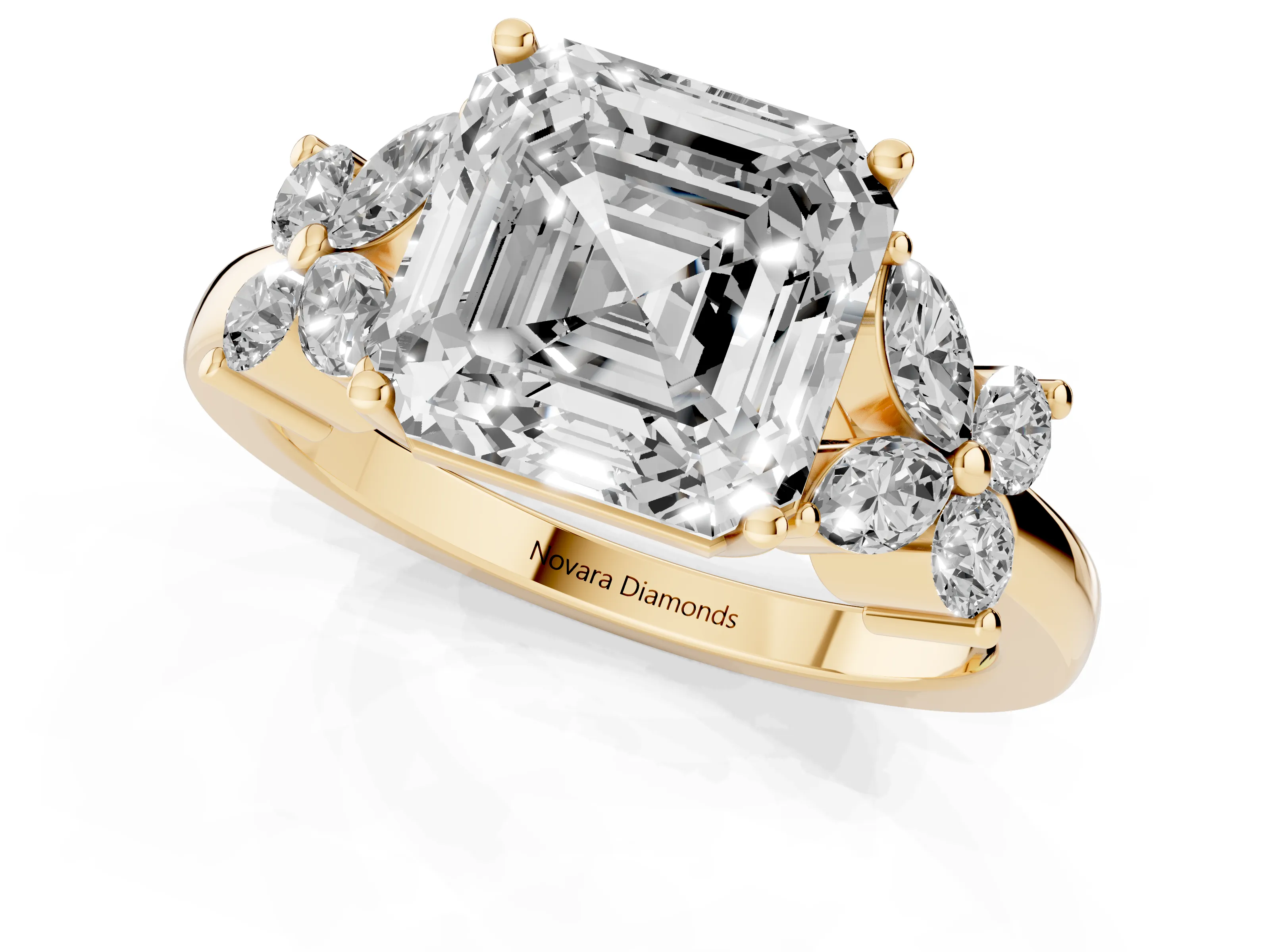 Asscher Cut Diamond Floral Cluster Ring Set in Yellow gold with Marquise Petals and Prong Setting