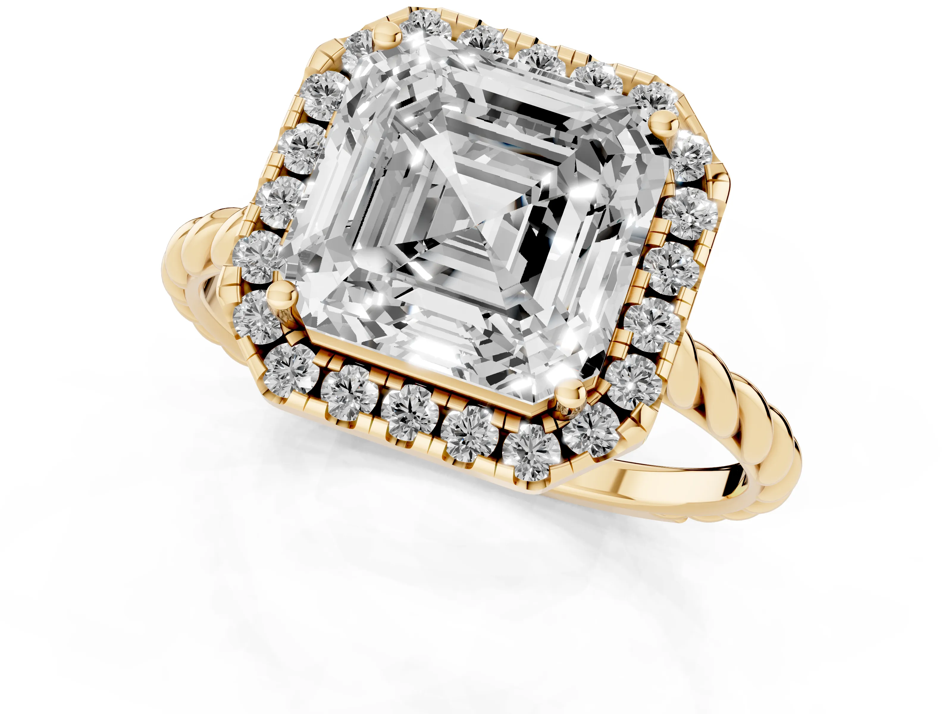 Asscher Cut Diamond Halo Ring Set in Yellow gold with Plain Twisted Band