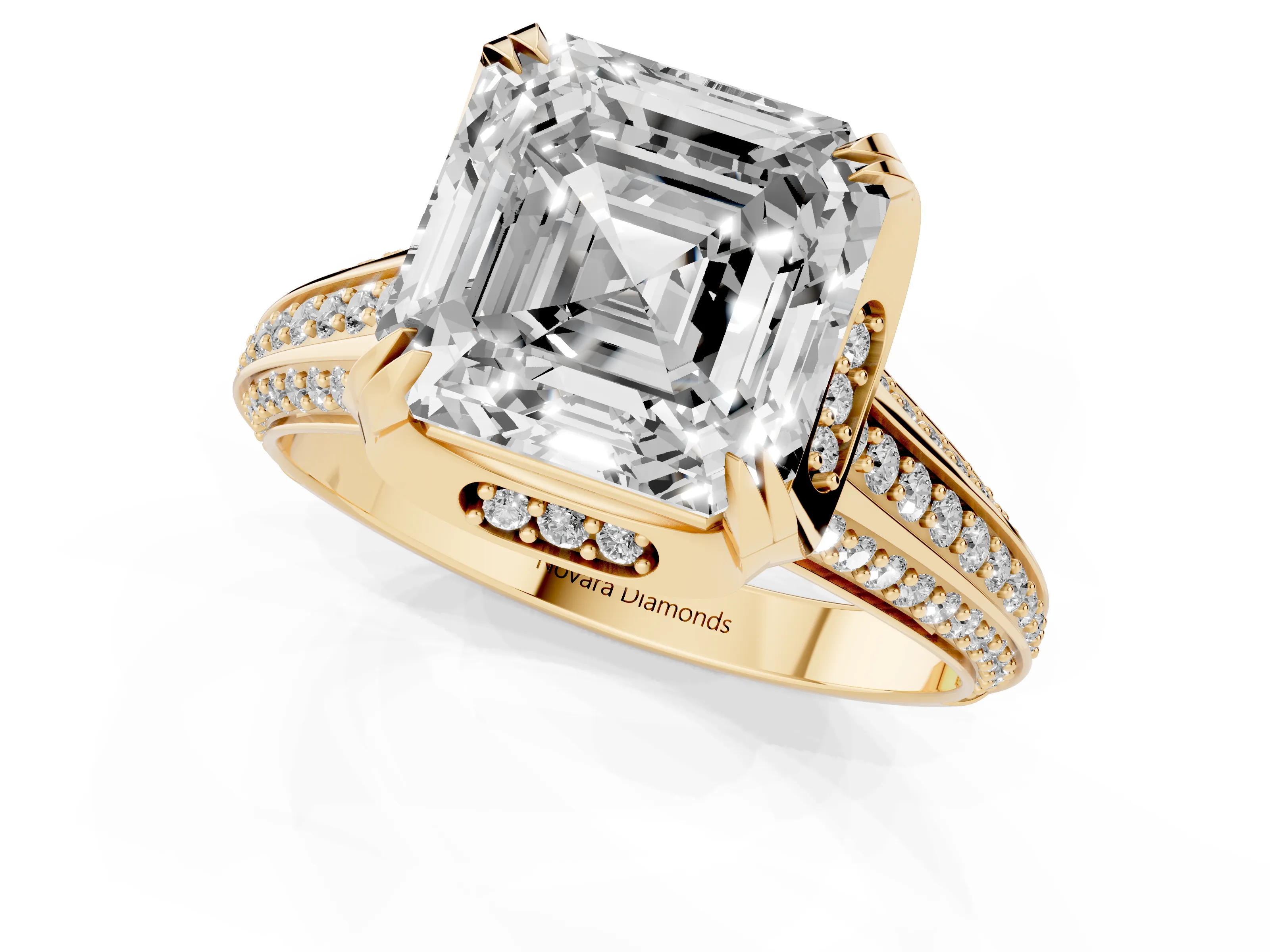 Asscher Cut Diamond Pavé Split Shank Solitaire Ring Set in Yellow gold with Prong Setting – second view