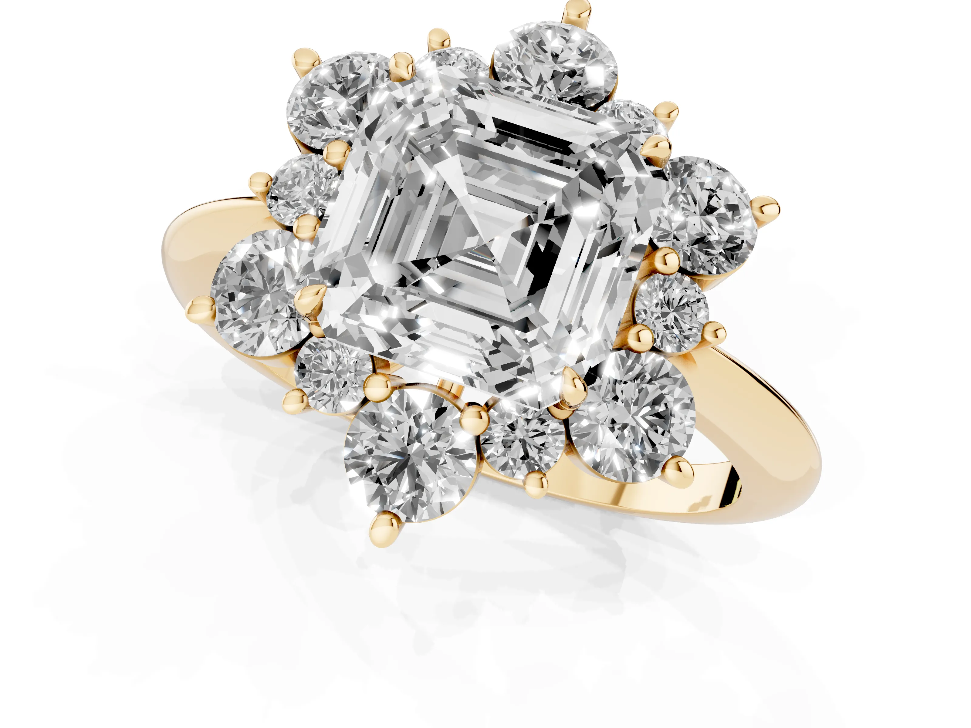 Asscher Cut Diamond Cluster Halo Ring Set in Yellow gold with Solitaire Band and Prong Setting