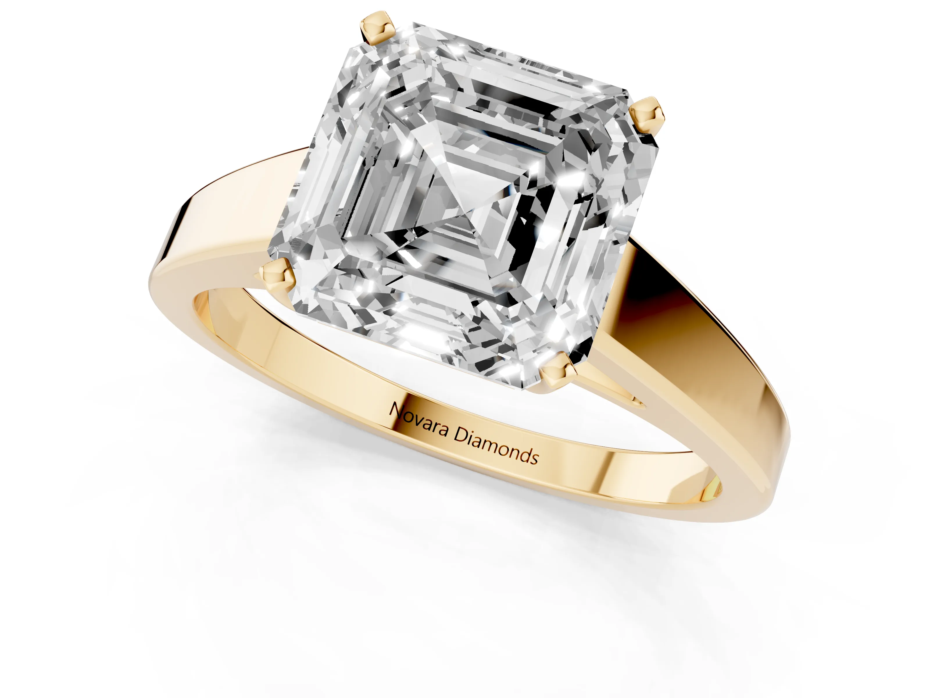 Asscher Cut Diamond Solitaire Engagement Ring Set in Yellow gold with Prong Setting and Tapered Band