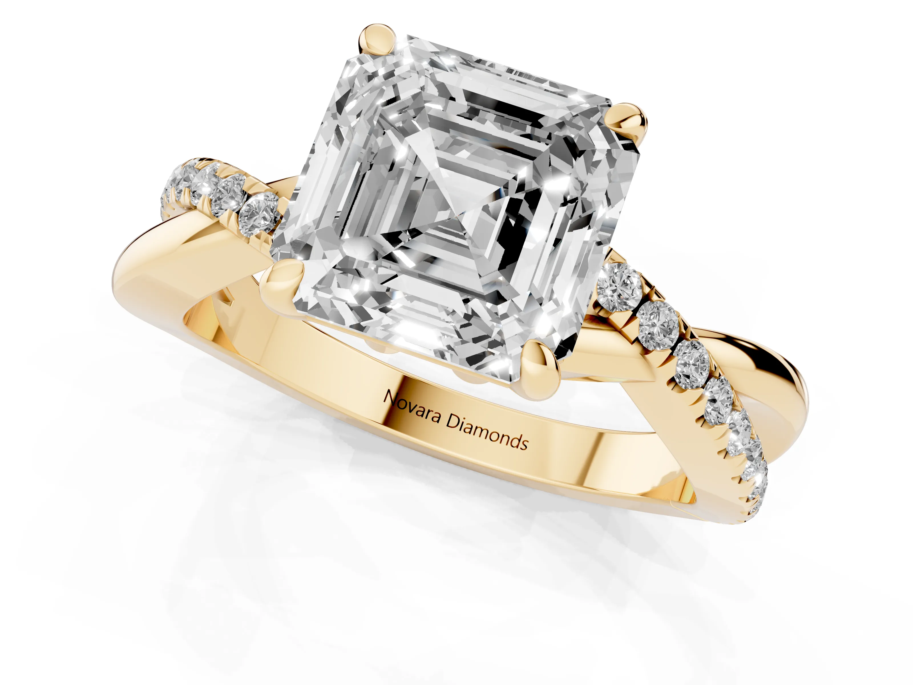Asscher Cut Diamond Twist Band Pavé Solitaire Ring Set in Yellow gold with Prong Setting