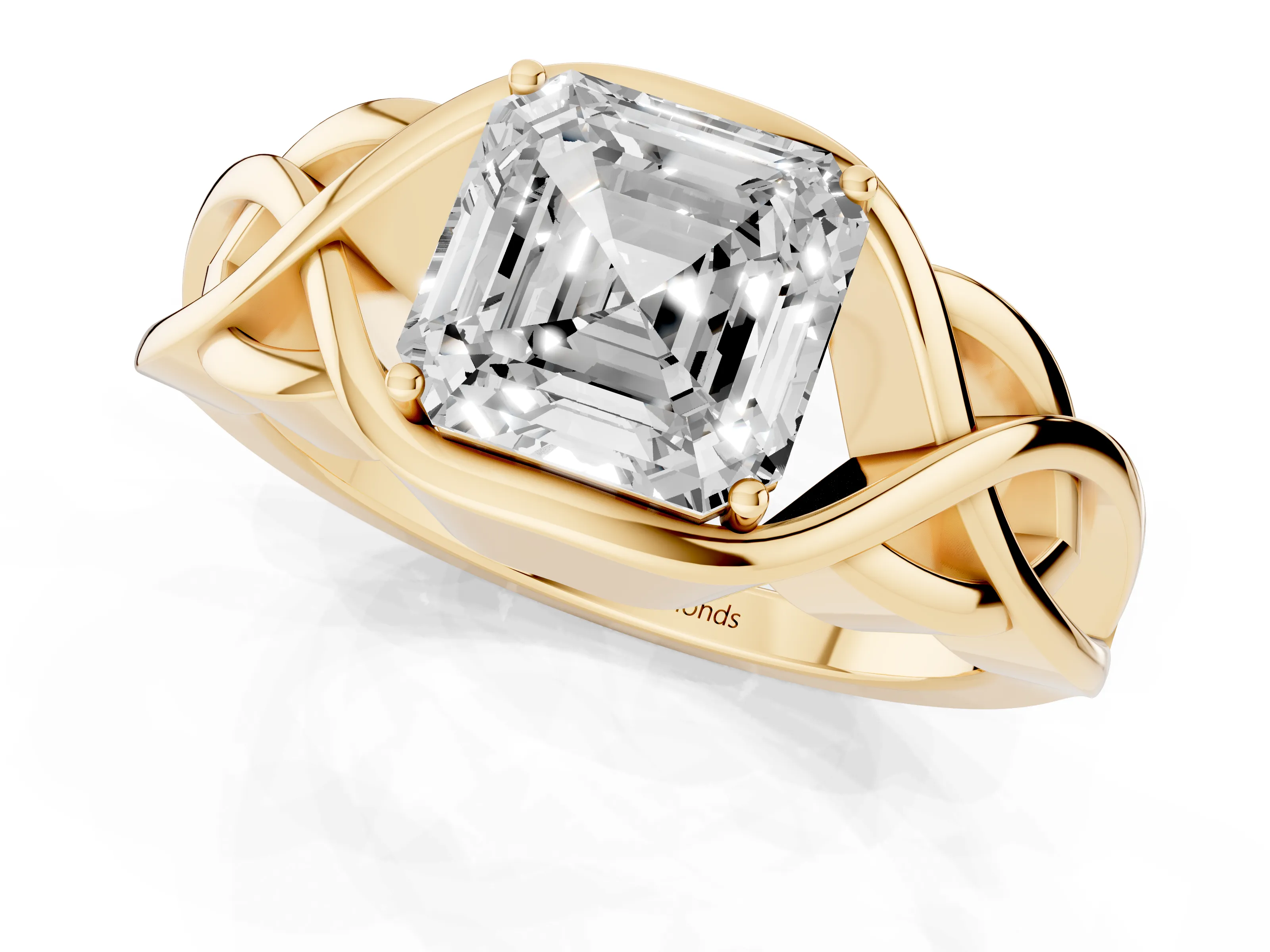 Asscher Cut Diamond Solitaire Ring Set in Yellow gold with Intertwined Band