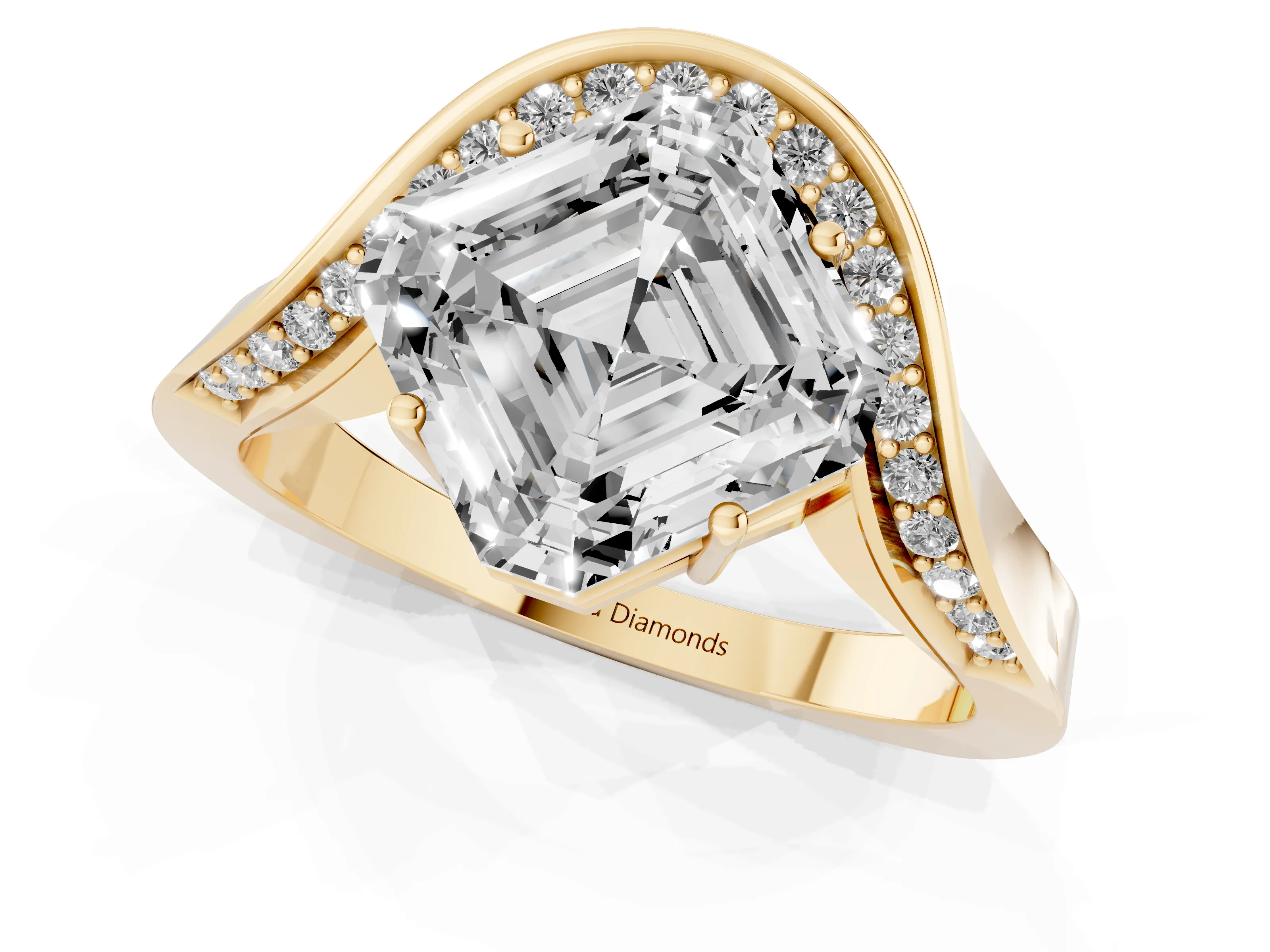Asscher Cut Diamond Solitaire Engagement Ring Set in Yellow gold with Pavé Shoulders