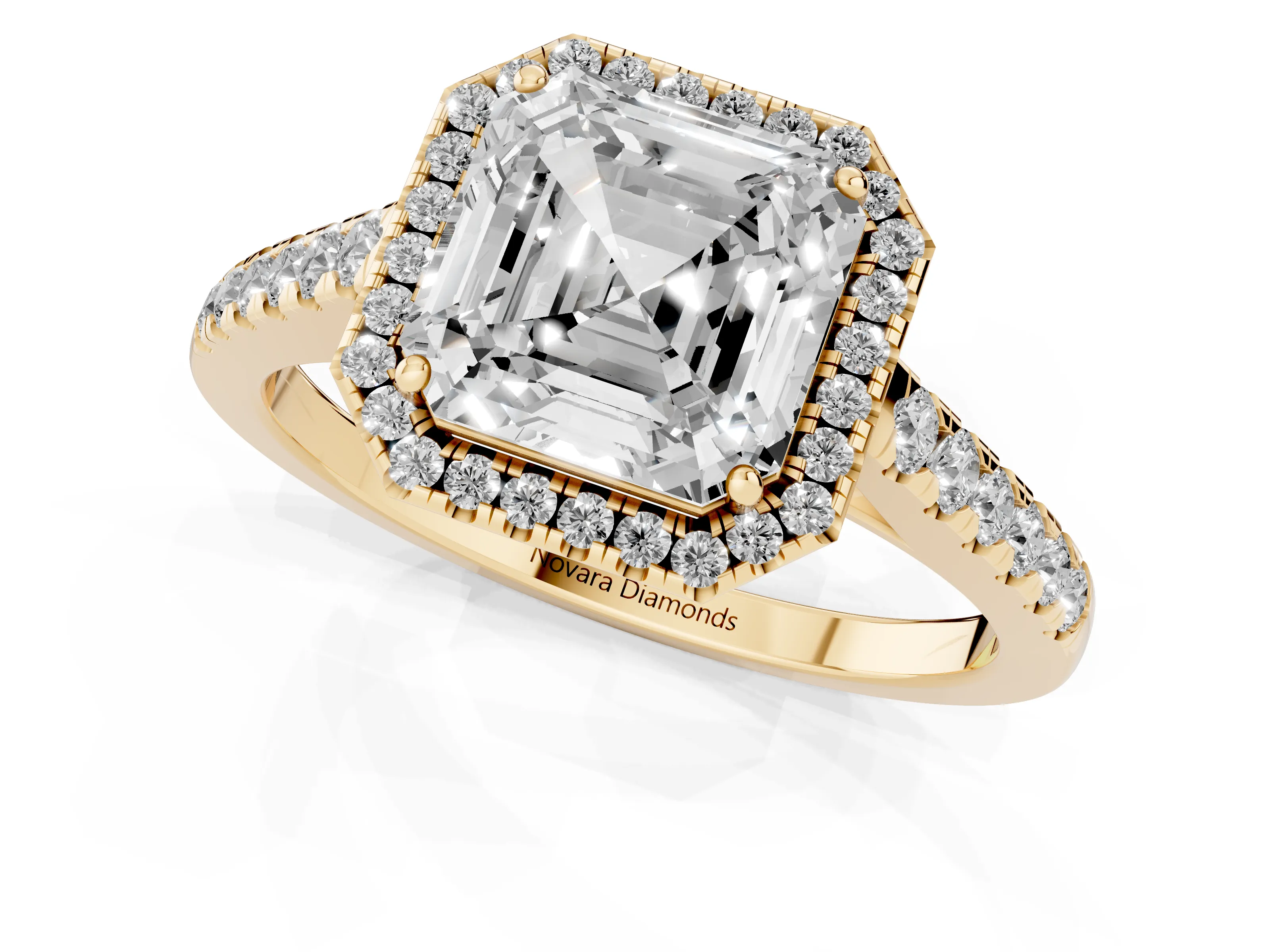 Asscher Cut Diamond Halo Pavé Engagement Ring Set in Yellow gold with Prong Setting