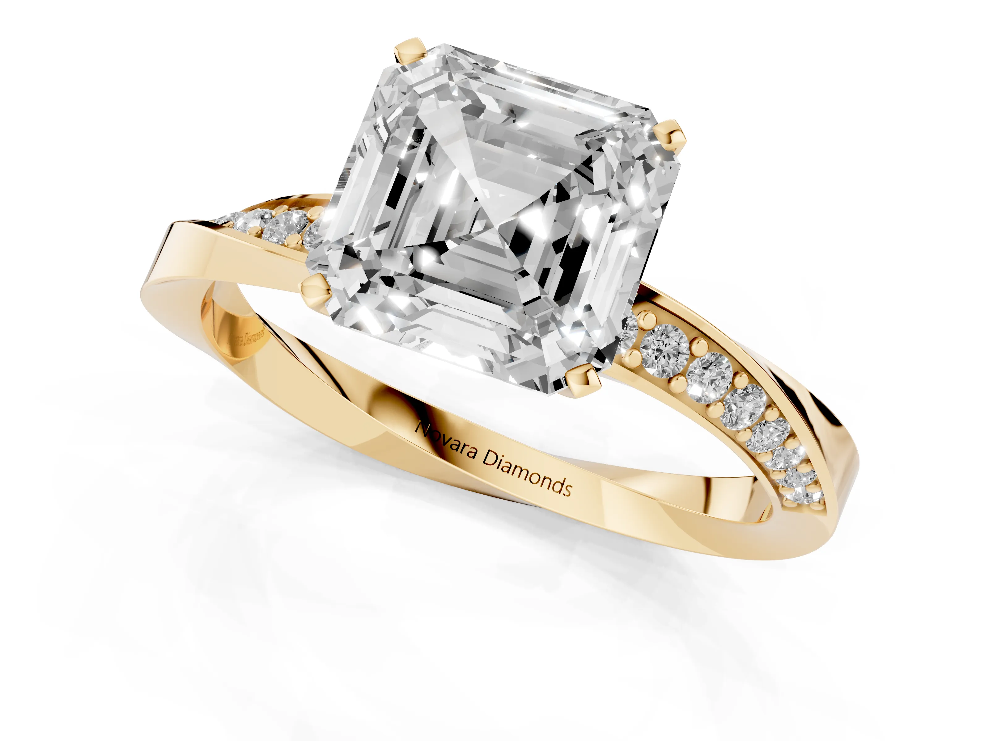 Asscher Cut Diamond Engagement Ring Set in Yellow gold with Side Stone Accents and Prong Setting – second view