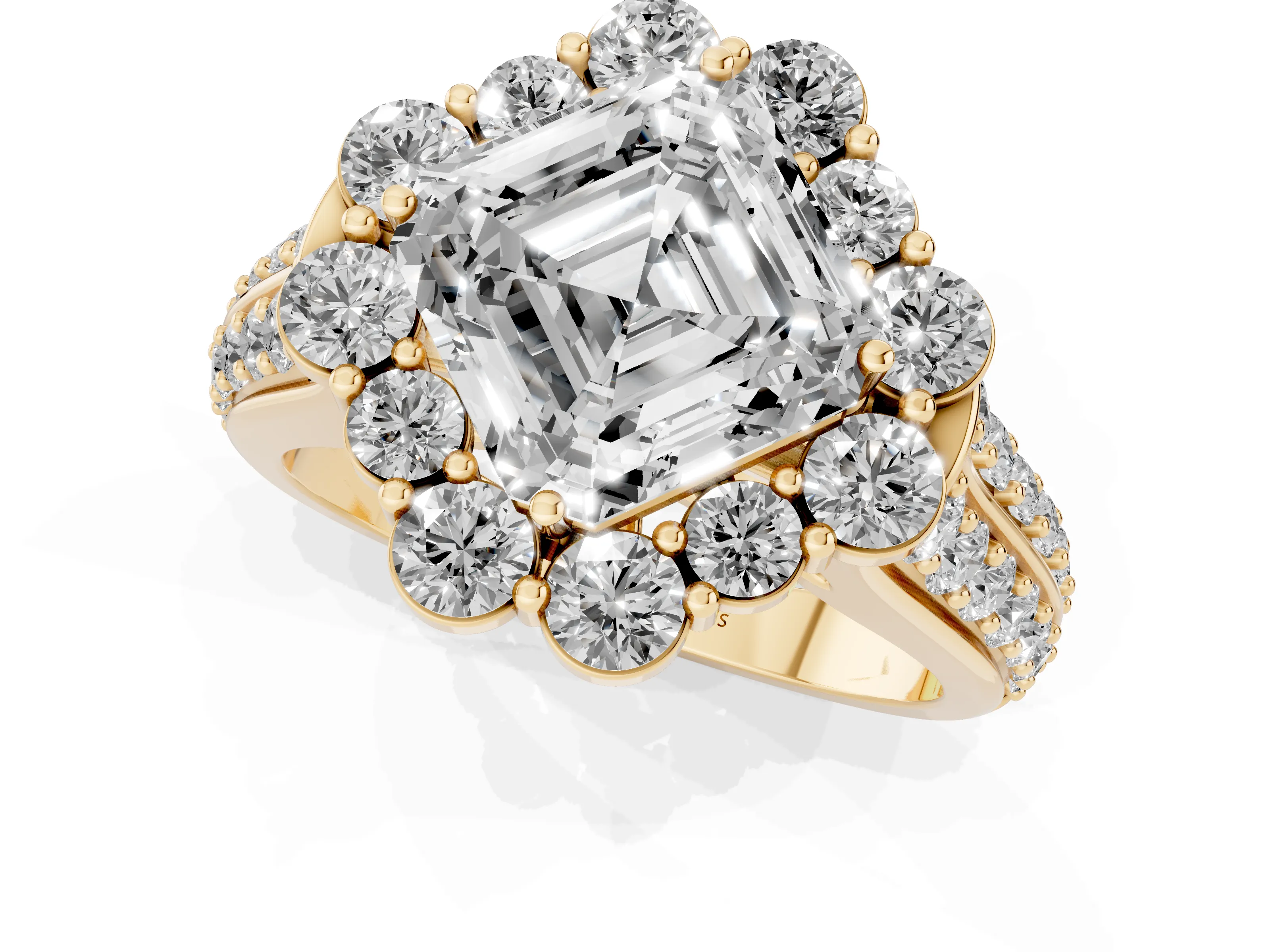 Asscher Cut Diamond Halo Engagement Ring Set in Yellow gold with Split Shank and Prong Setting – second view
