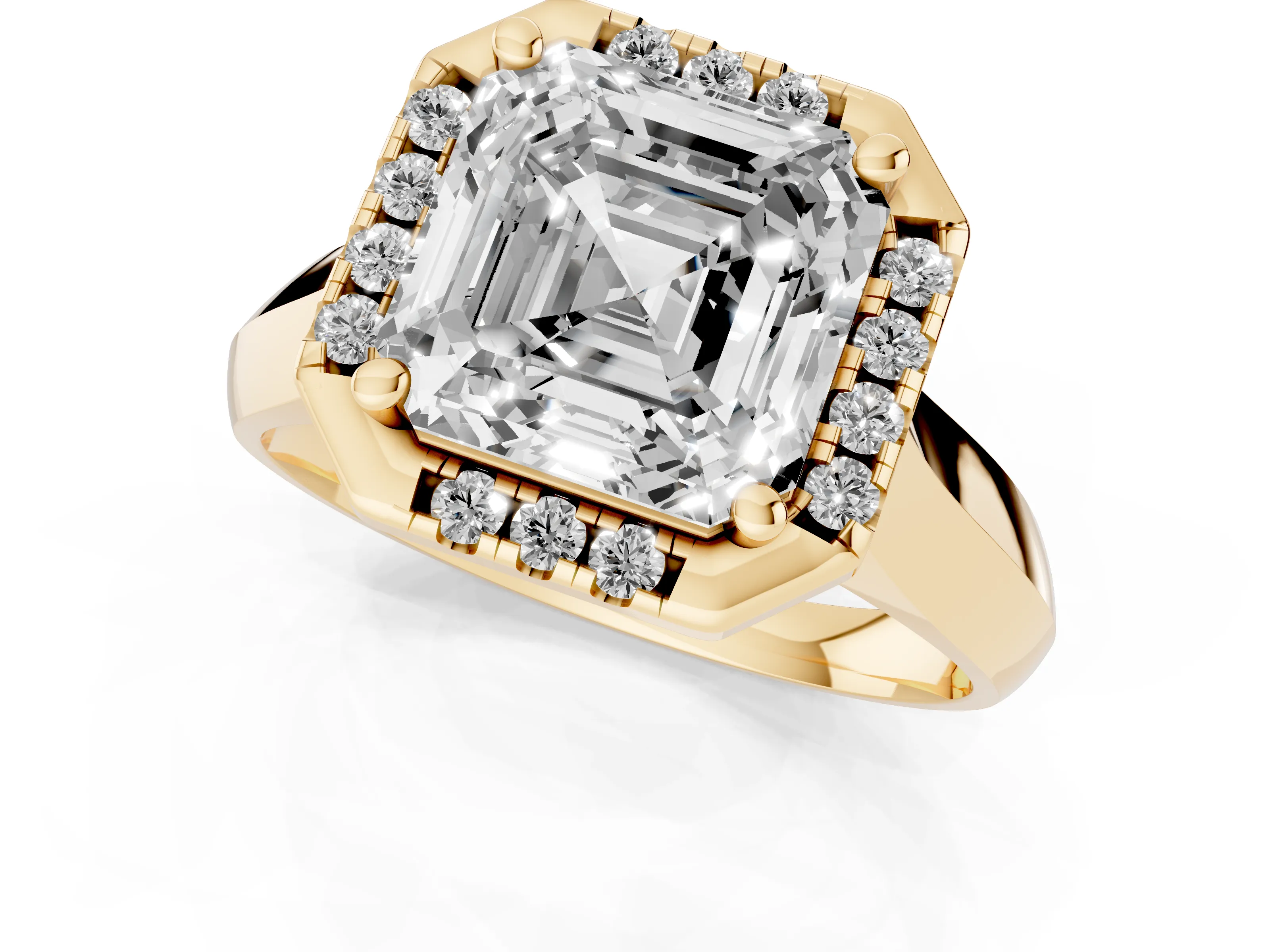 Asscher Cut Diamond Halo Solitaire Engagement Ring Set in Yellow gold with Square Band and Prong Setting