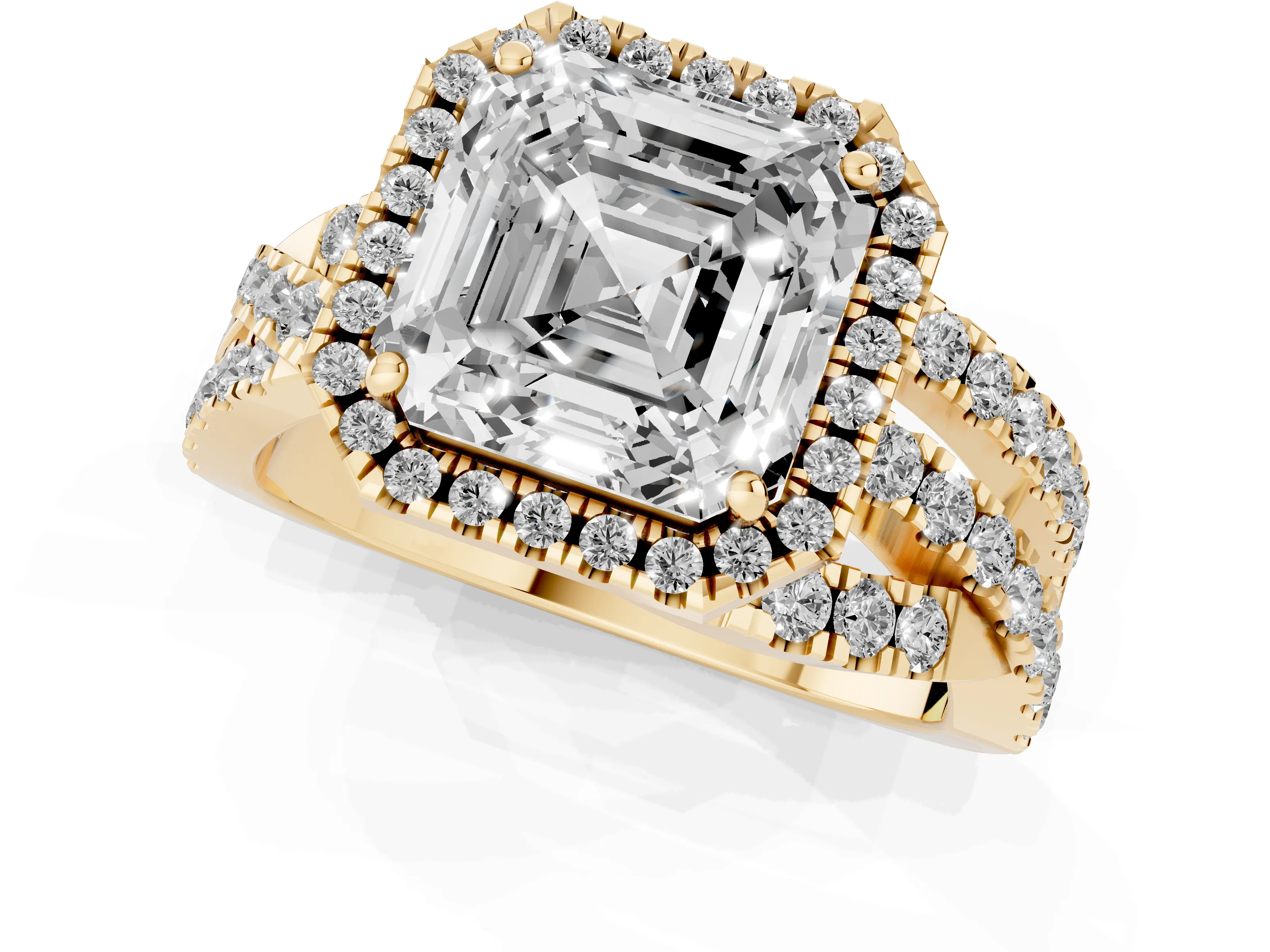 Asscher Cut Diamond Halo Ring Set in Yellow gold with Round Crossover Split Shank and Prong Setting