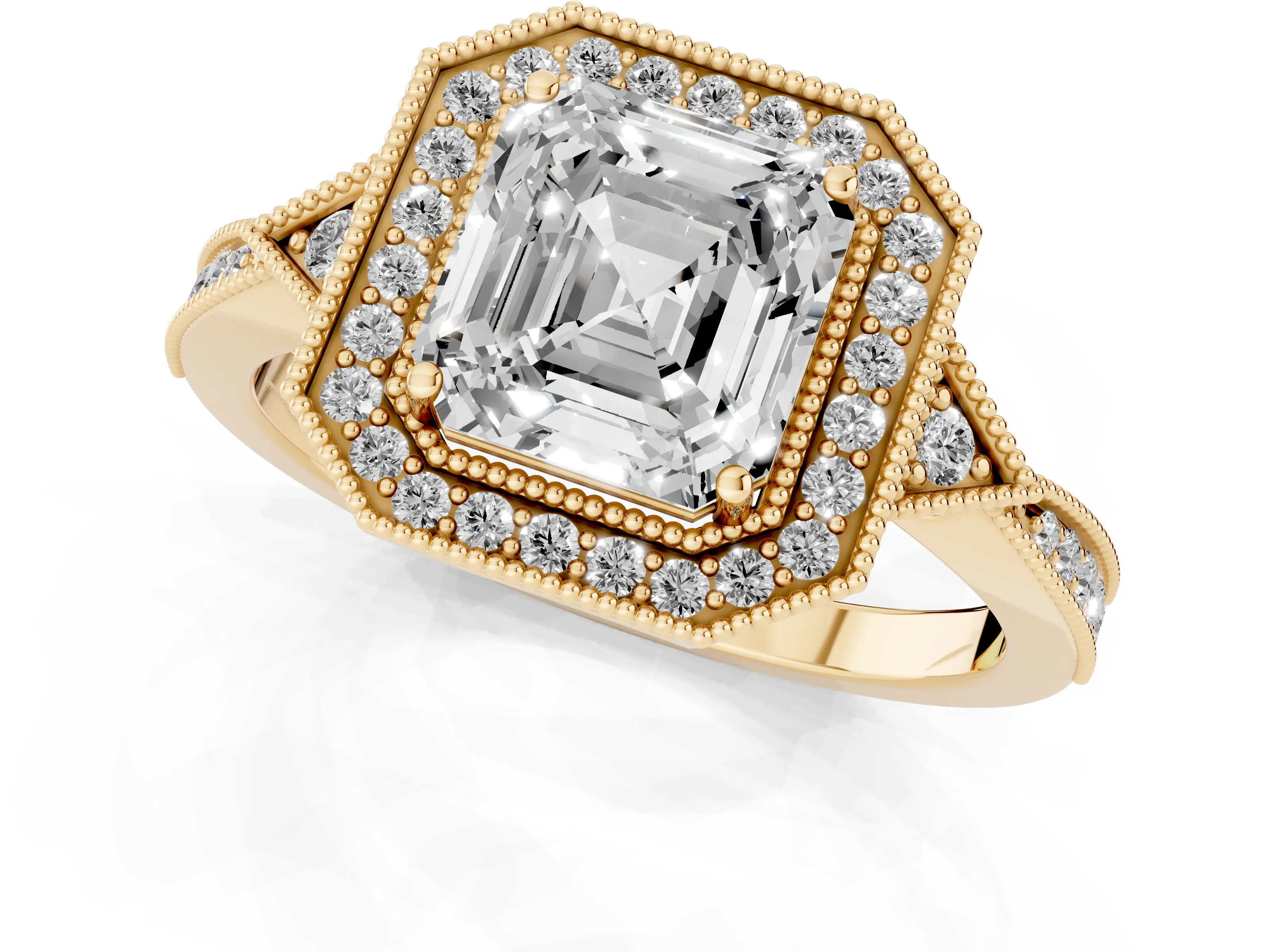 Asscher Cut Diamond Halo Engagement Ring Set in Yellow gold with Milgrain Pavé Band