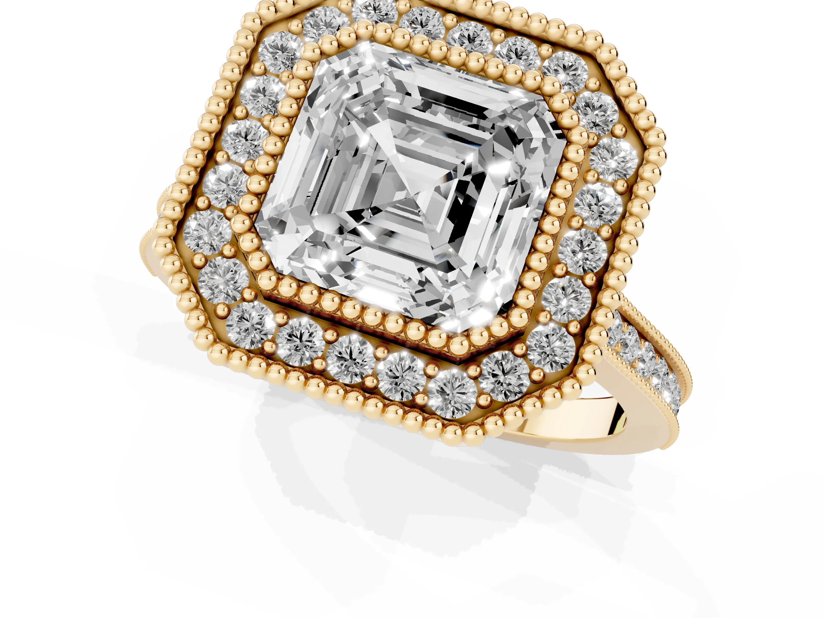 Asscher Cut Diamond Halo Ring Set in Yellow gold with Milgrain Frame and Pavé Band – second view