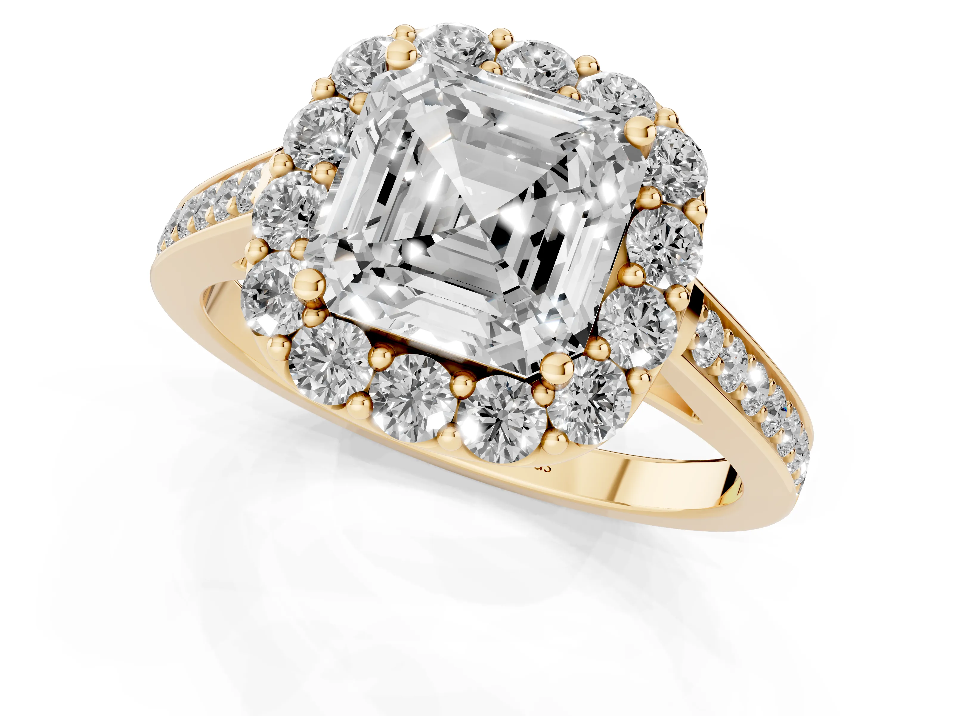 Asscher Cut Diamond Floral Halo Ring Set in Yellow gold with Pavé Band and Prong Setting