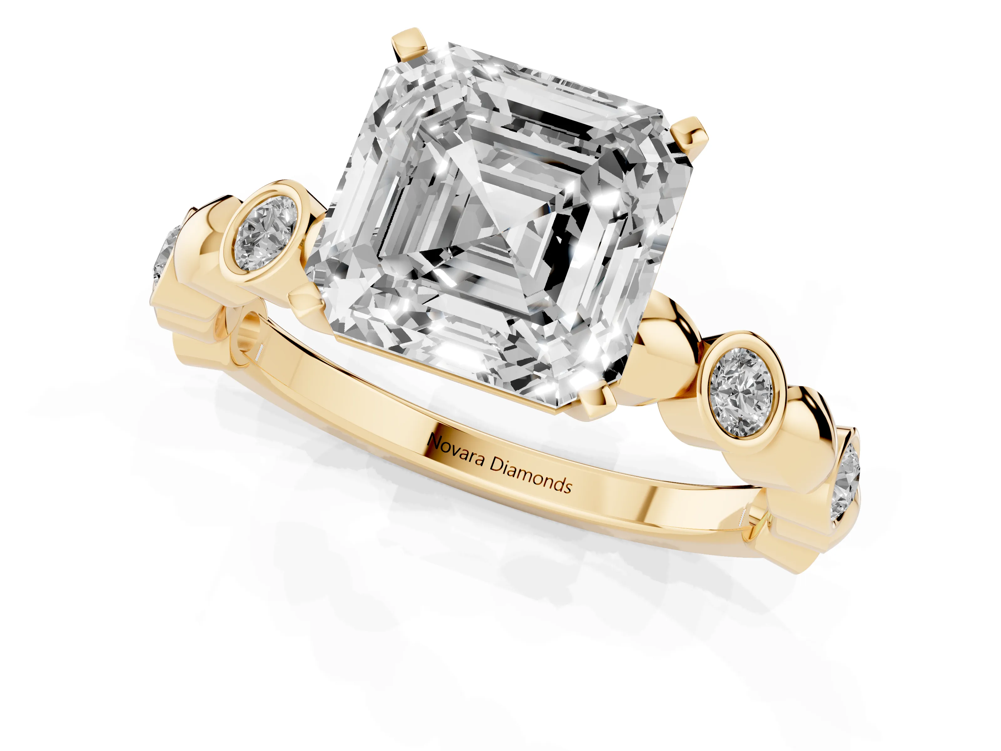 Asscher Cut Diamond Solitaire Ring Set in Yellow gold with Bezel-Set Accents on Beaded Band and Prong Setting – second view