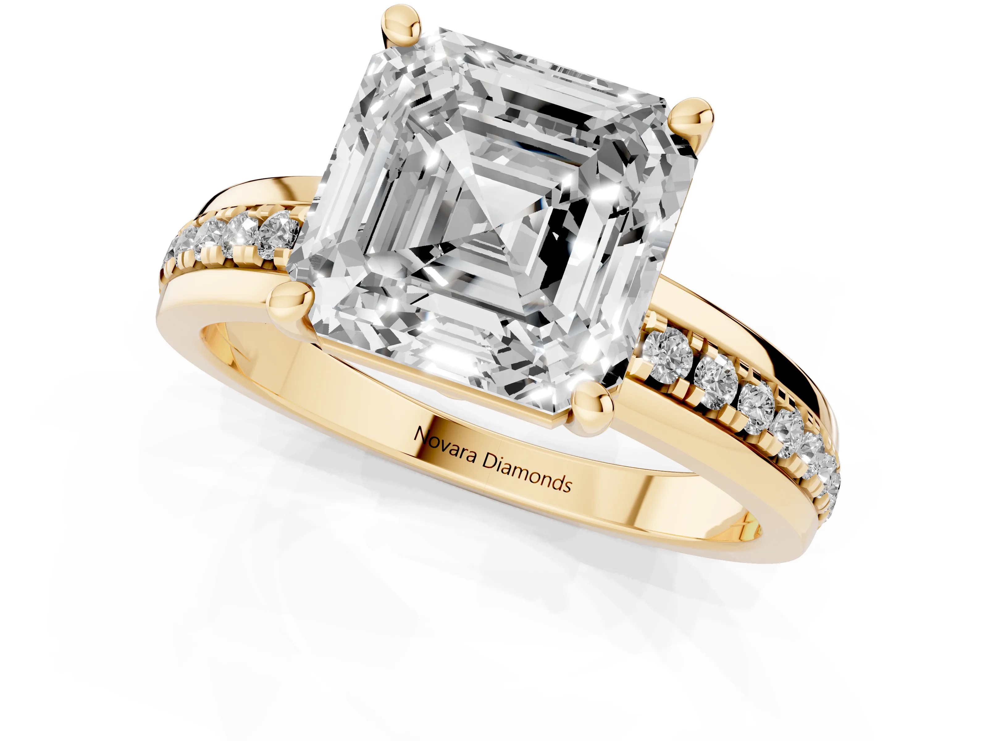 Asscher Cut Diamond Solitaire Ring Set in Yellow gold with Channel Set Band and Prong Setting