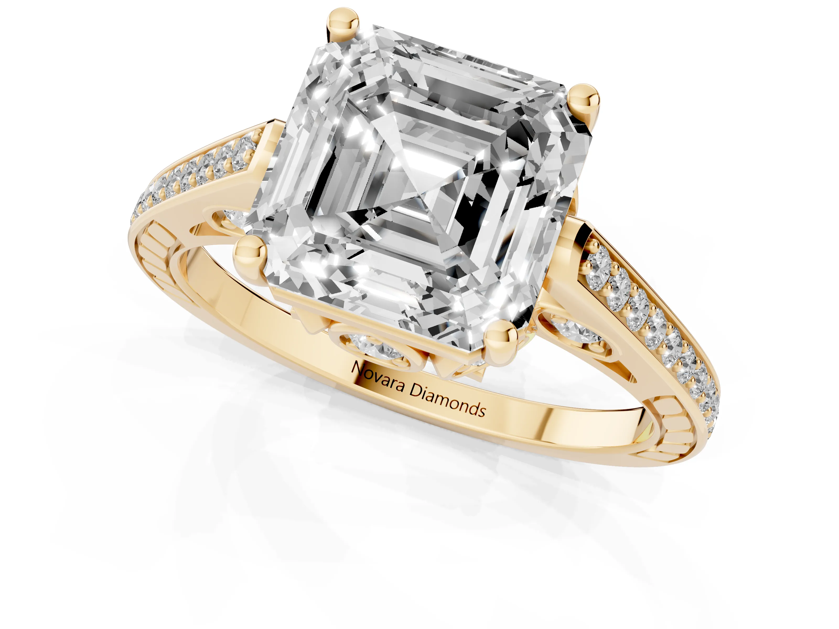 Asscher Cut Diamond Cathedral Pavé Engagement Ring Set in Yellow gold with Prong Setting