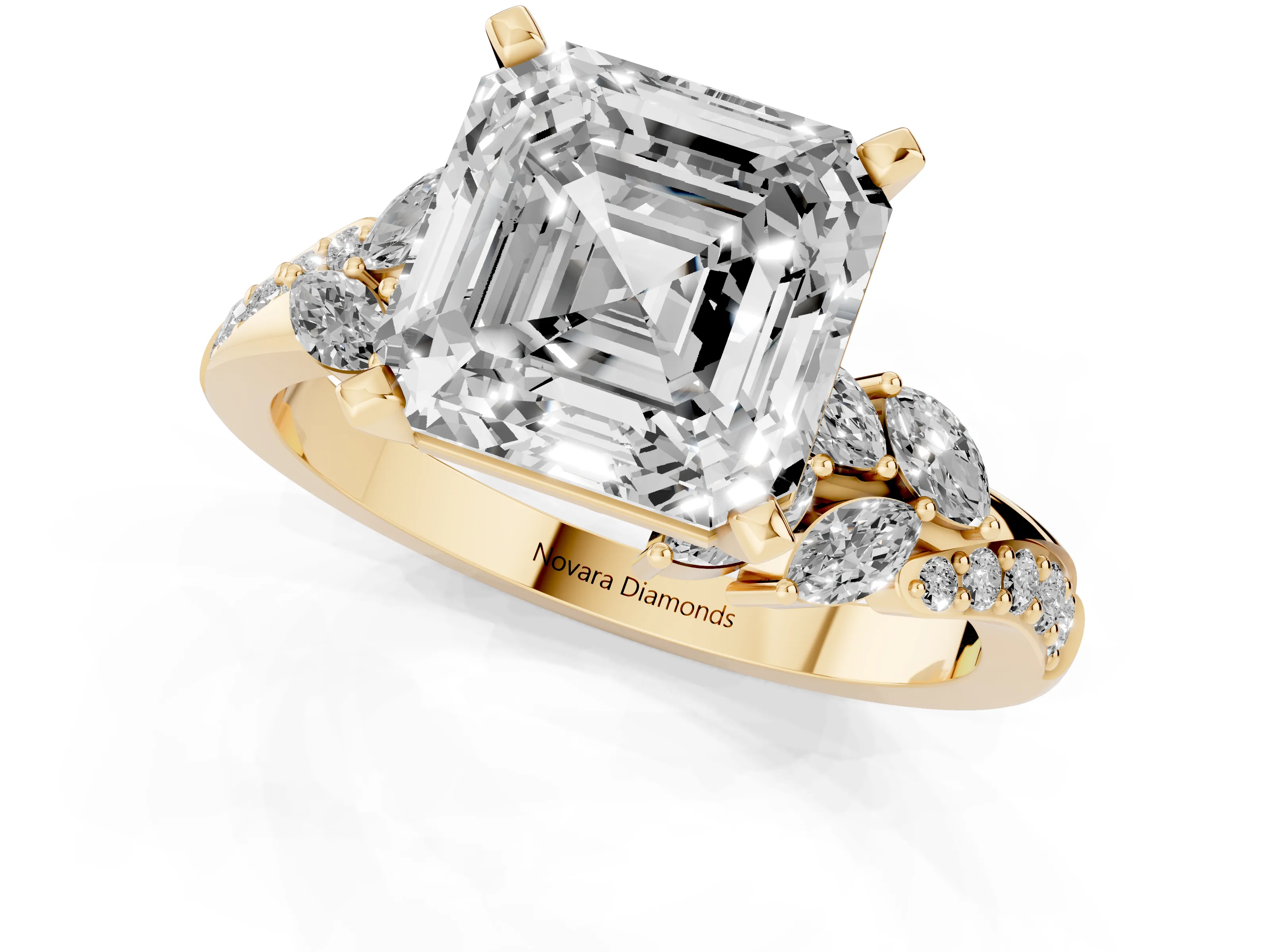 Asscher Cut Diamond Solitaire Ring Set in Yellow gold with Marquise Twist Band and Prong Setting