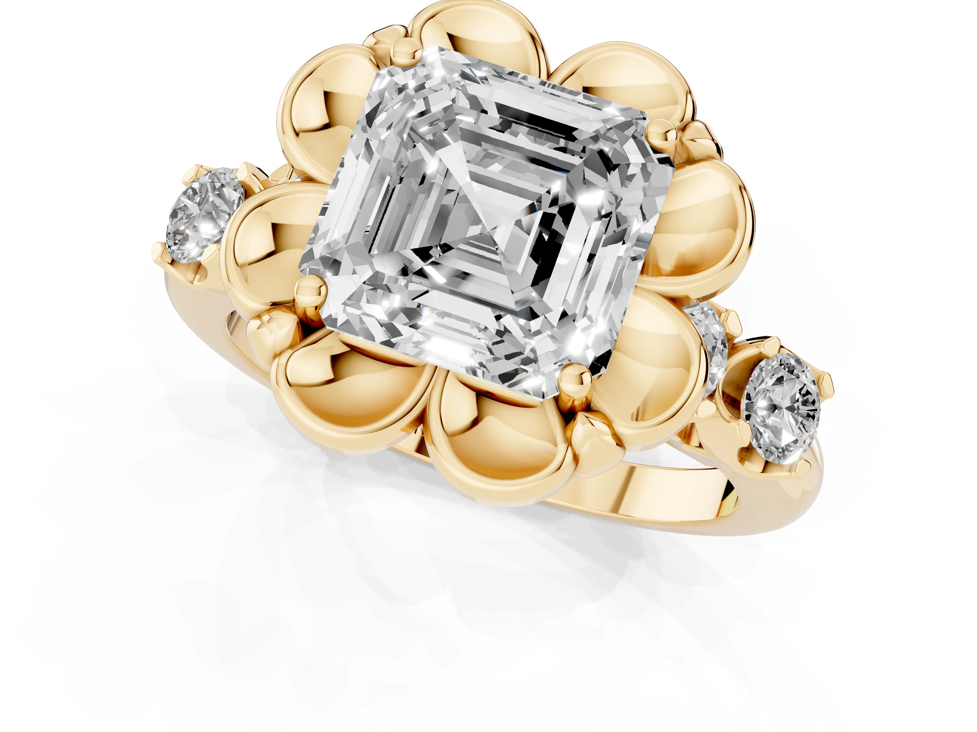 Asscher Cut Diamond Floral Halo Ring Set in Yellow gold with Shared Prong Band
