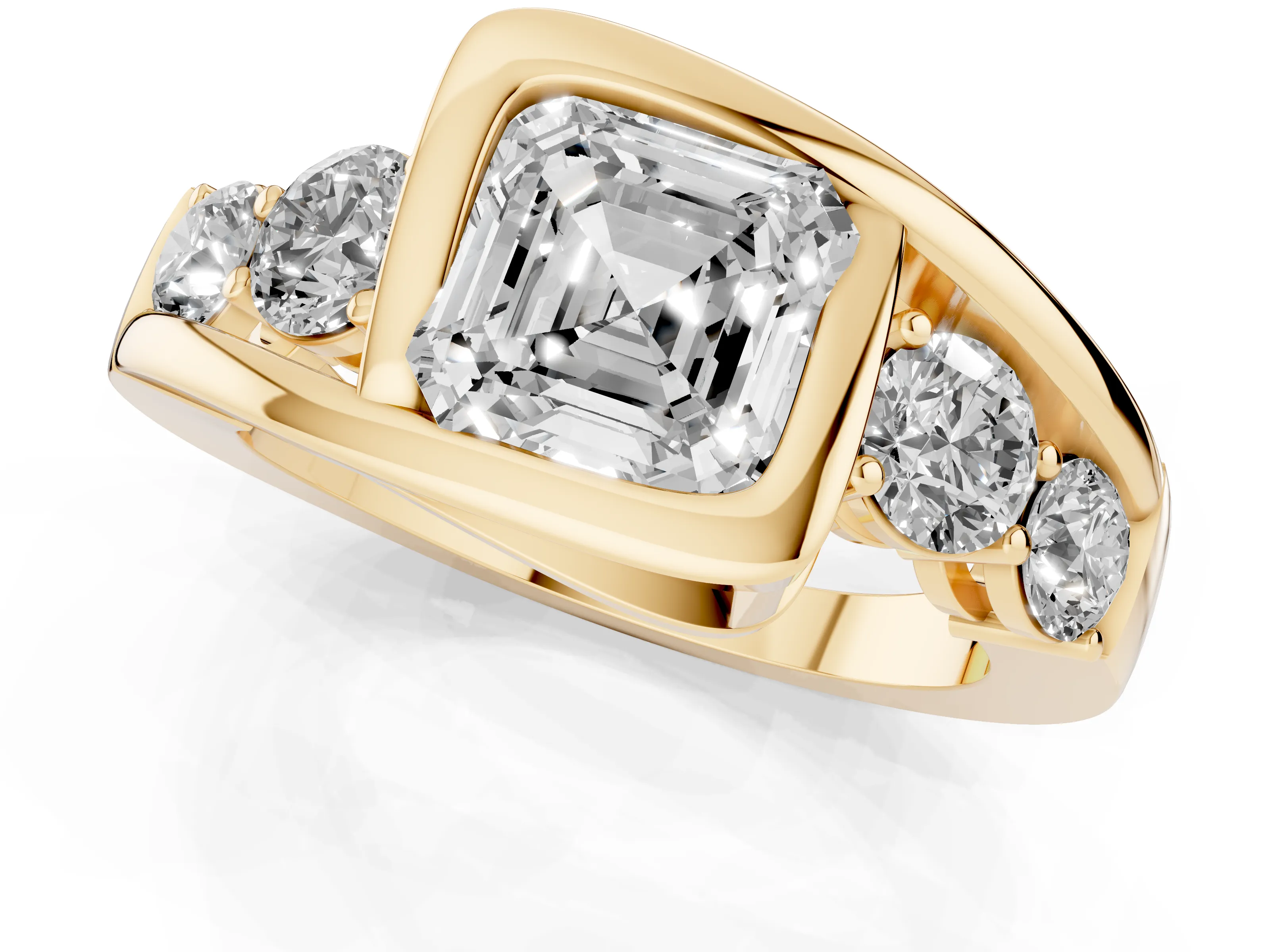 Asscher Cut Diamond Bezel Bypass Ring Set in Yellow gold with Round Accents