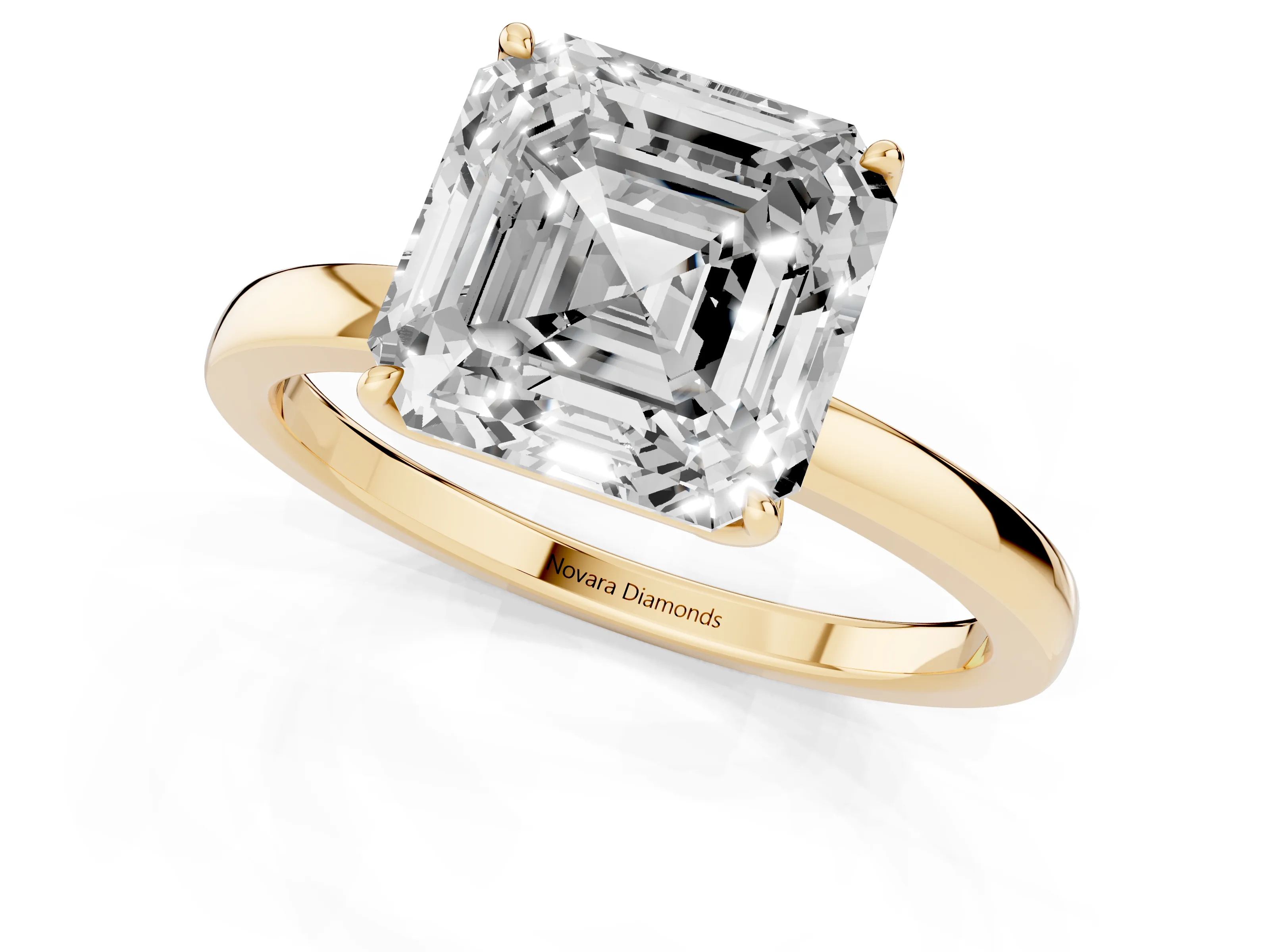 Asscher Cut Diamond Solitaire Ring Set in Yellow gold with Prong Setting and Thin Polished Band