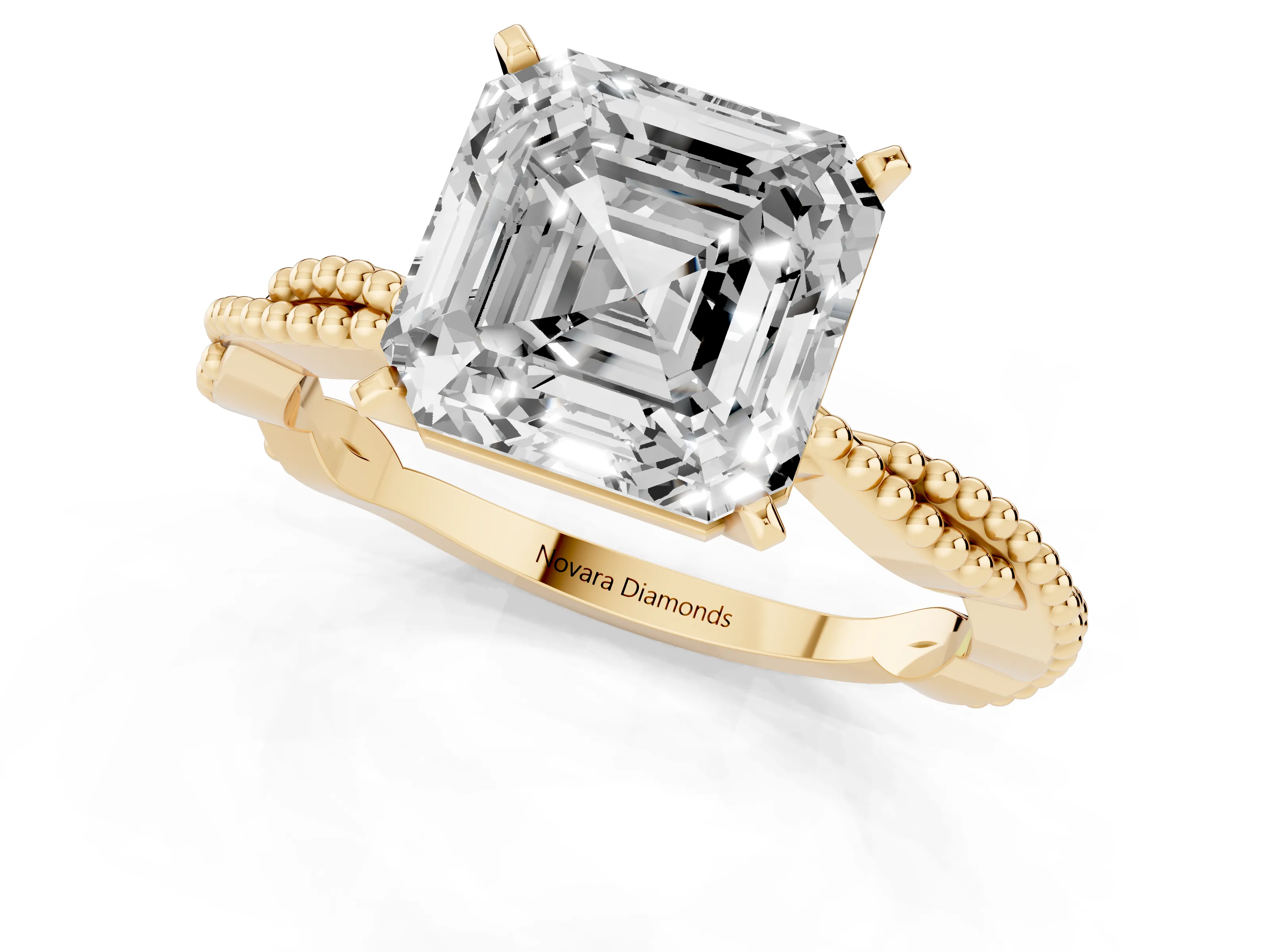Asscher Cut Diamond Solitaire Ring Set in Yellow gold with Twisted Band and Bead Prong Setting