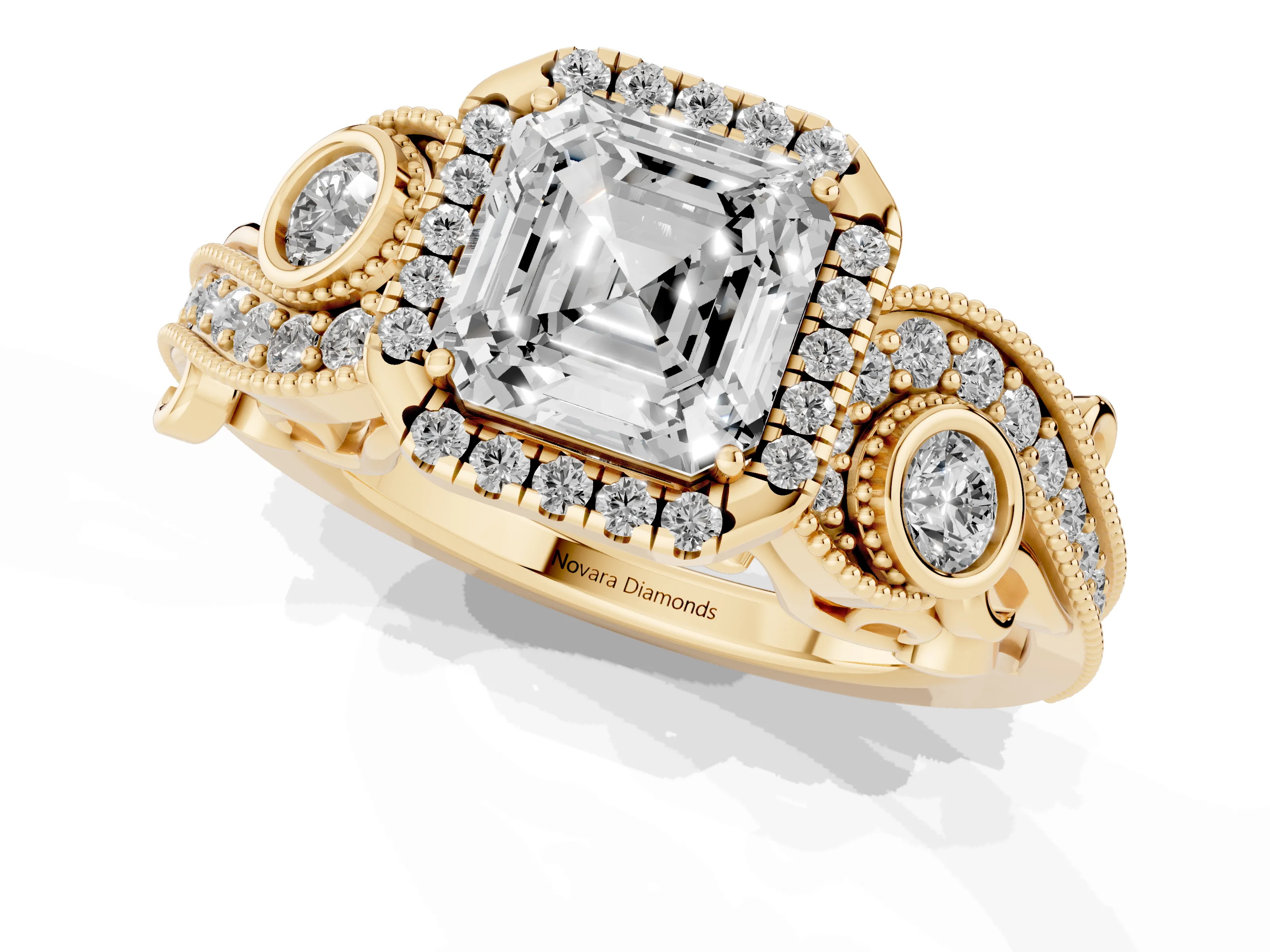 Asscher Cut Diamond Halo Ring Set in Yellow gold with Milgrain Pavé Band and Prong Setting