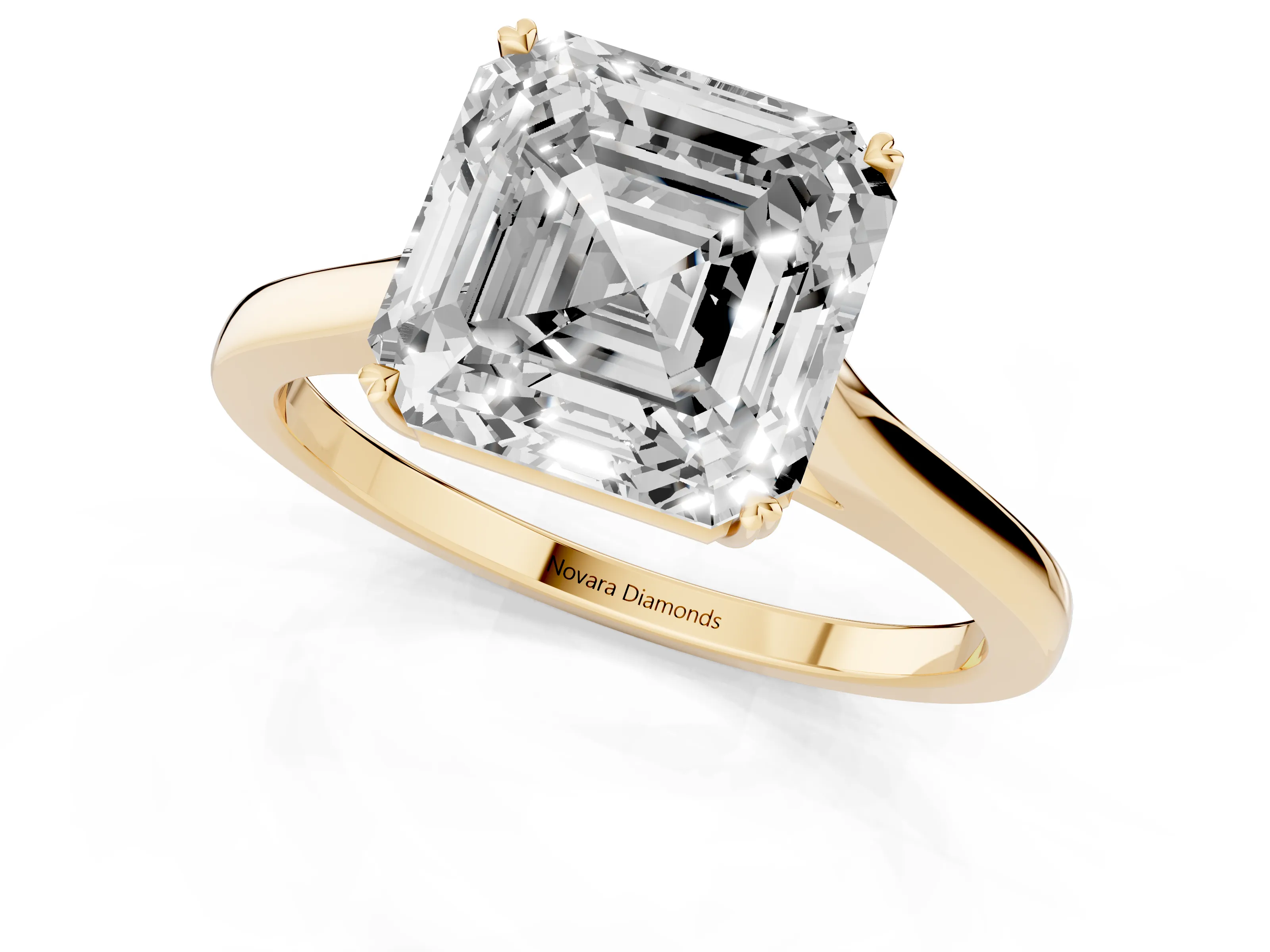 Asscher Cut Diamond Solitaire Heart Prong Engagement Ring Set in Yellow gold with Tapered Band